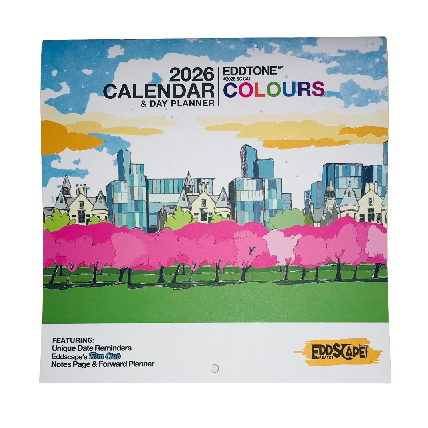 2026 Eddtone Colours Calendar - features 12 illustrations of landscapes from around Scotland including the Meadows in Edinburgh, the GFT in Glasgow and Goatfell in the Isle of Arran.