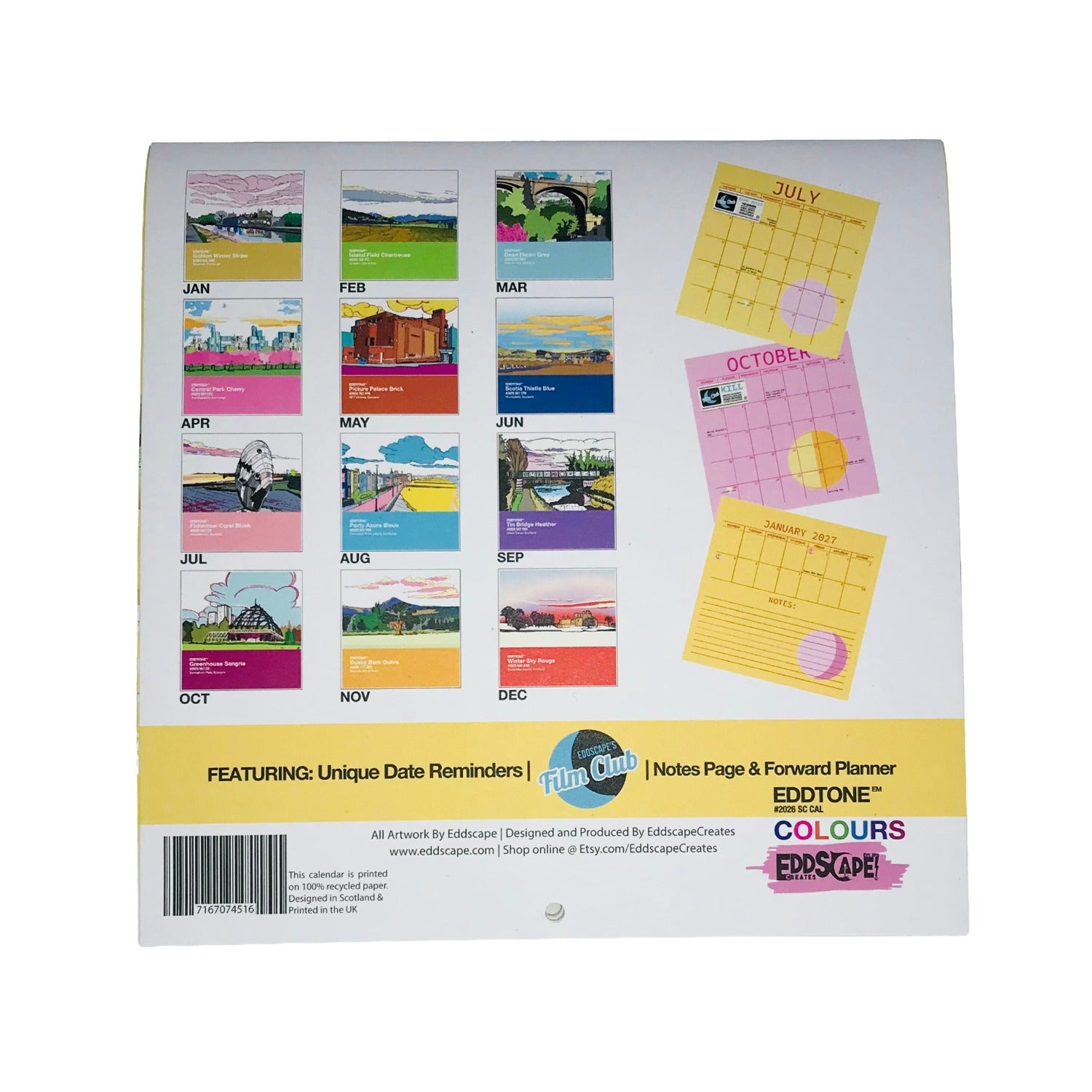 2026 Eddtone Colours Calendar - features 12 illustrations of landscapes from around Scotland
