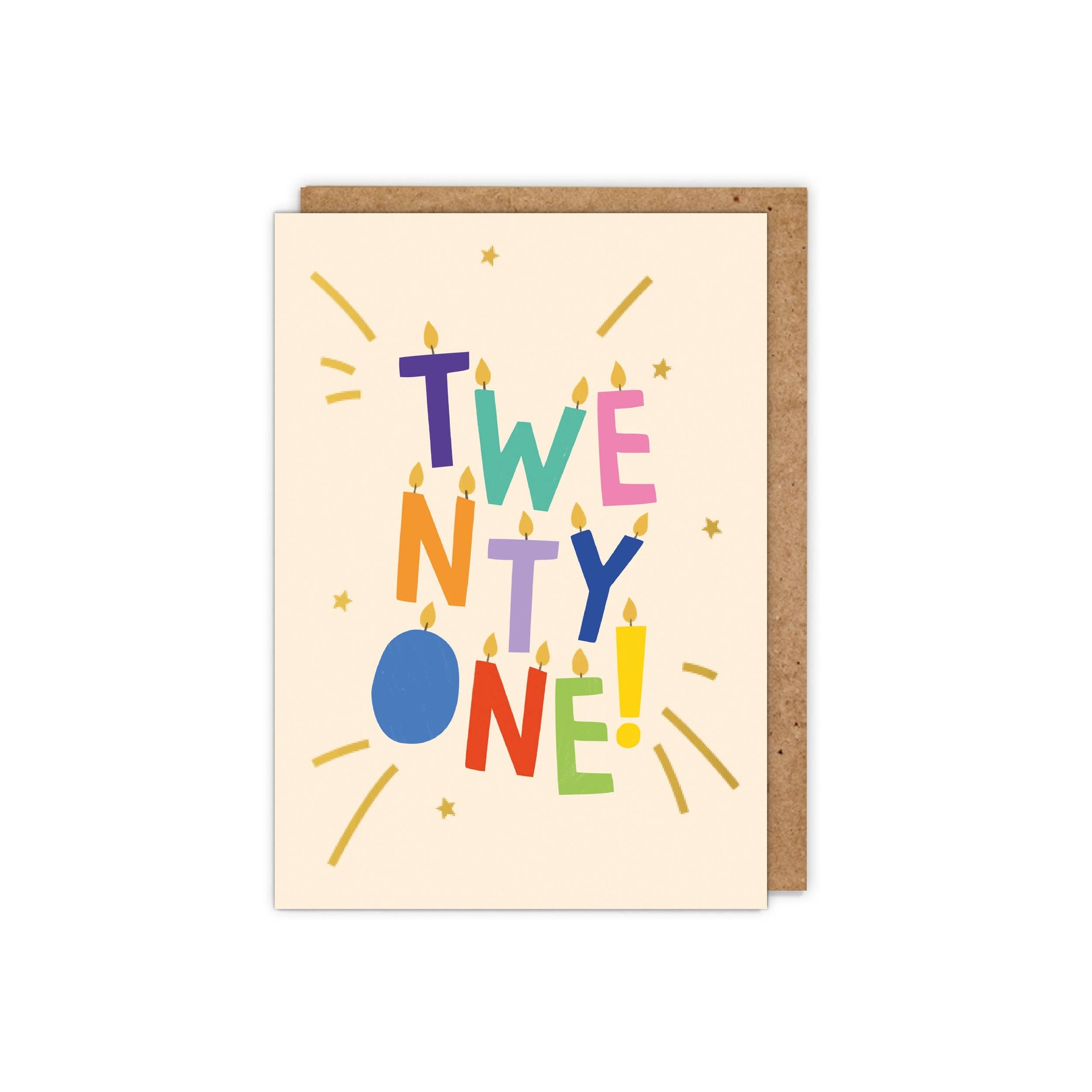 An image of a card with the text 'twenty one!'in colourful lettering with gold candles surrounded by gold stars.