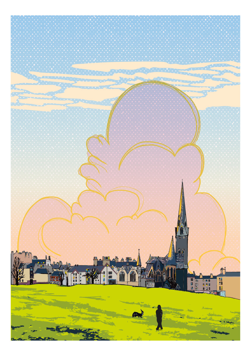 This print illustrates the view across the Bruntsfield links to Barclay Church, Edinburgh.