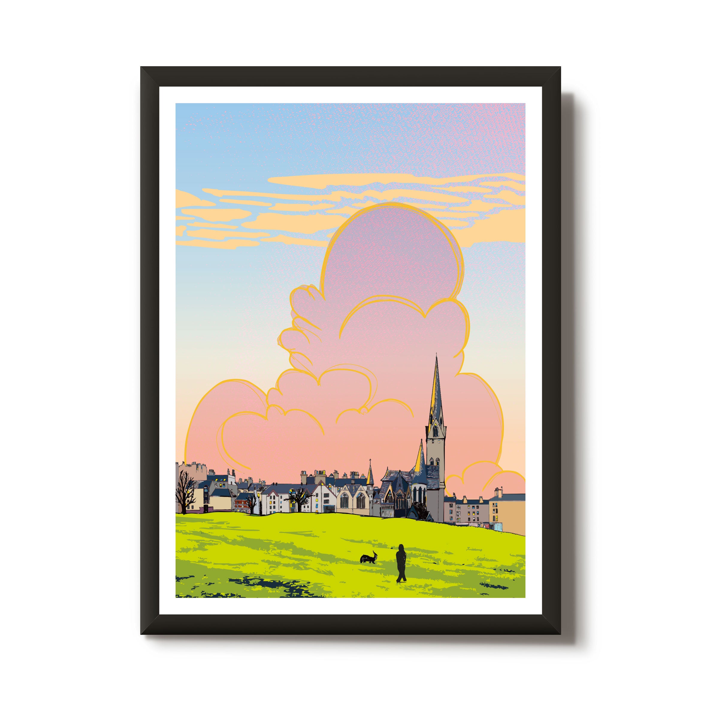 This print illustrates the view across the Bruntsfield links to Barclay Church, Edinburgh.