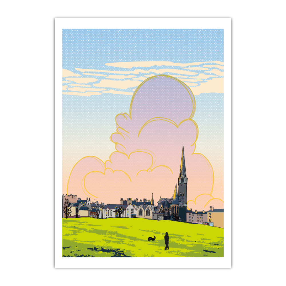 This print illustrates the view across the Bruntsfield links to Barclay Church, Edinburgh.