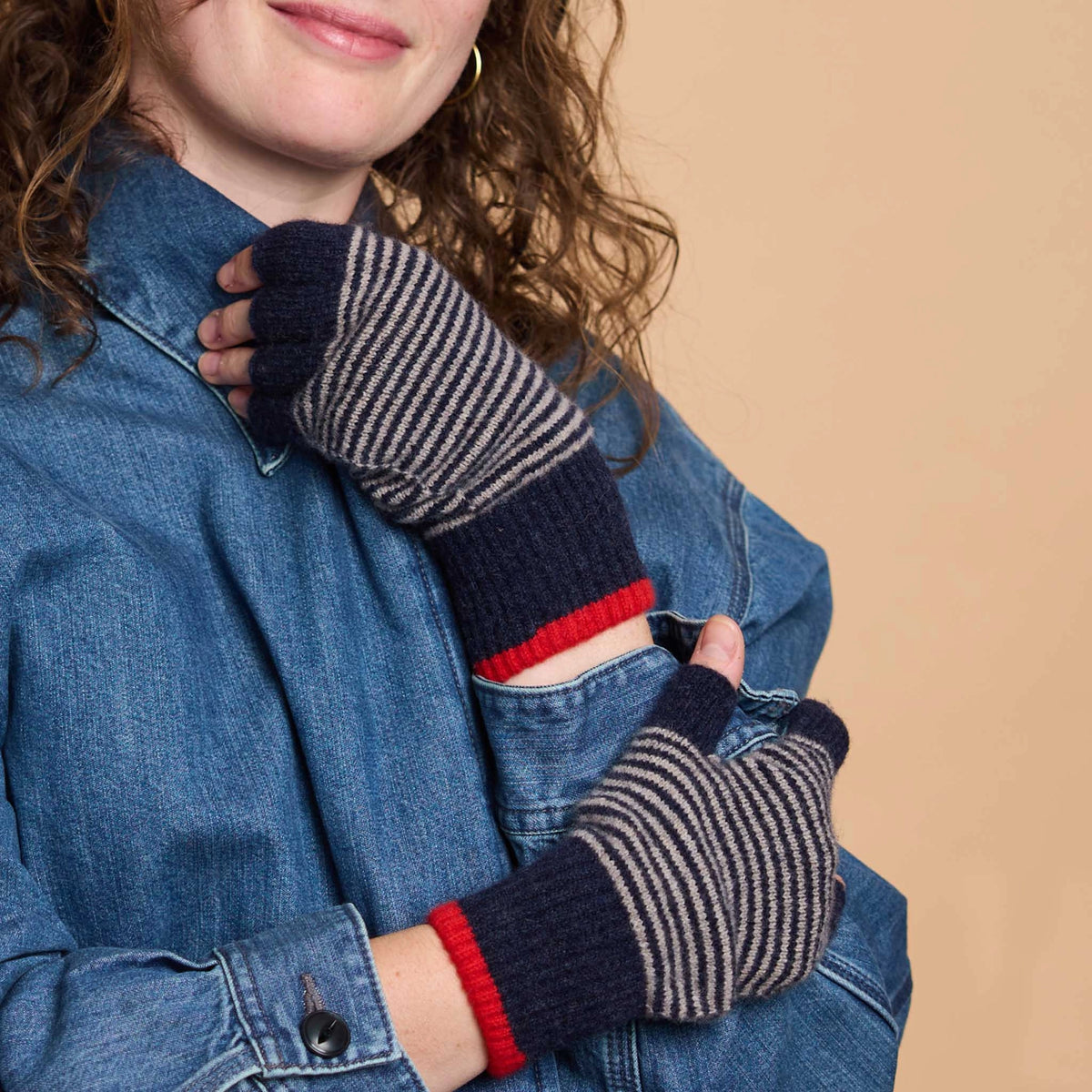 Navy Striped Lambswool Fingerless Gloves