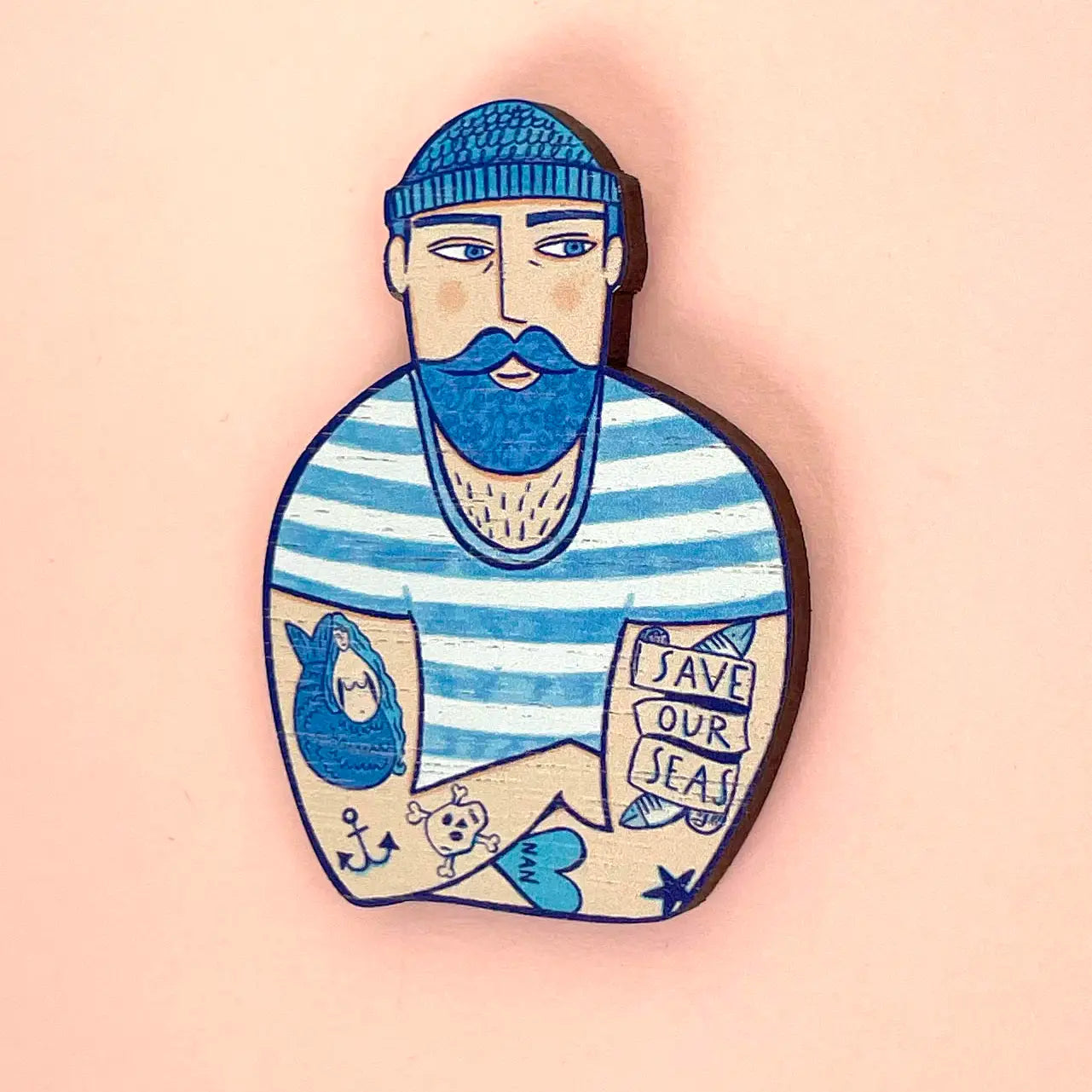 Tattooed Sailor Wooden Brooch
