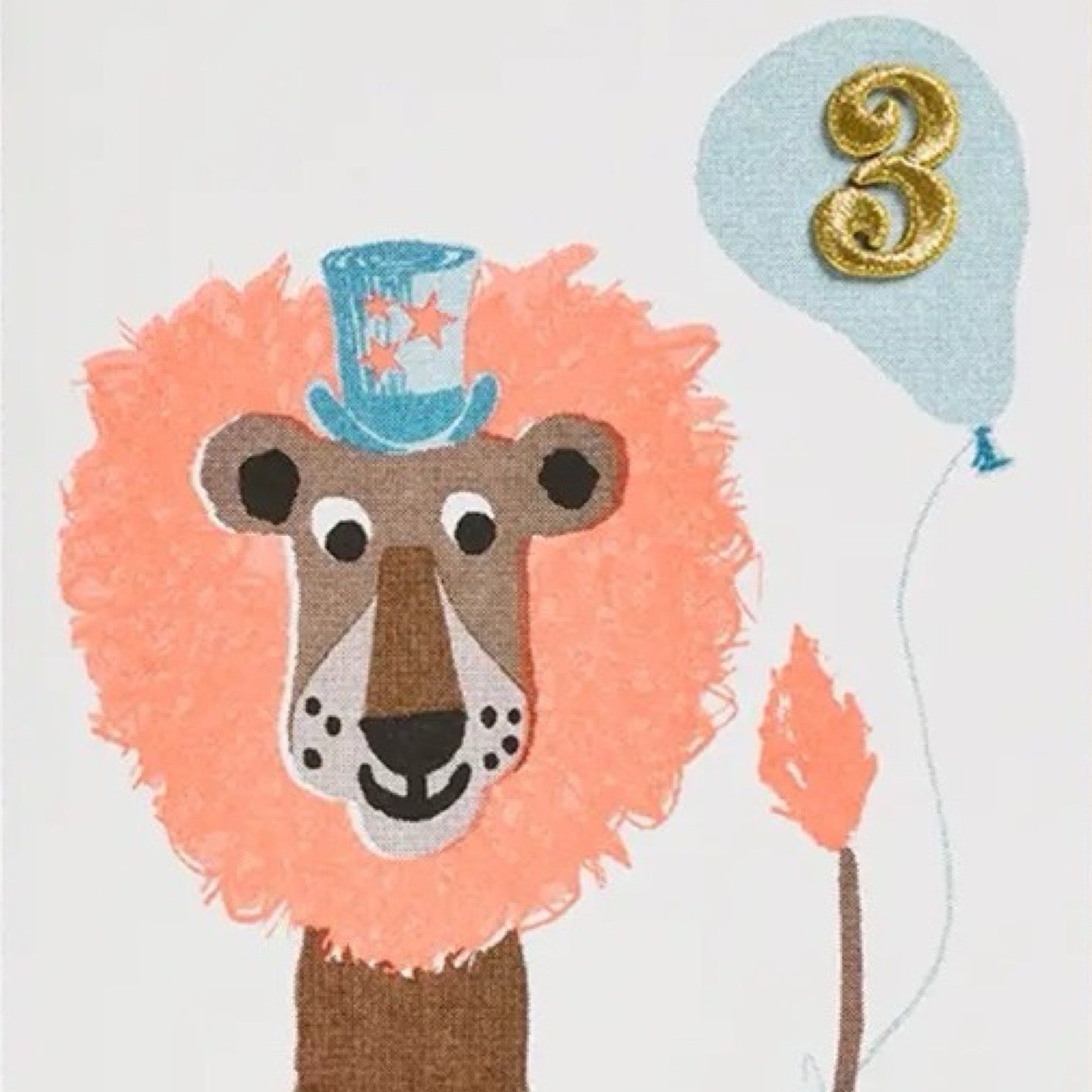 3rd birthday card featuring a lion with an orange mane in a top hat and '3' in a blue balloon. 