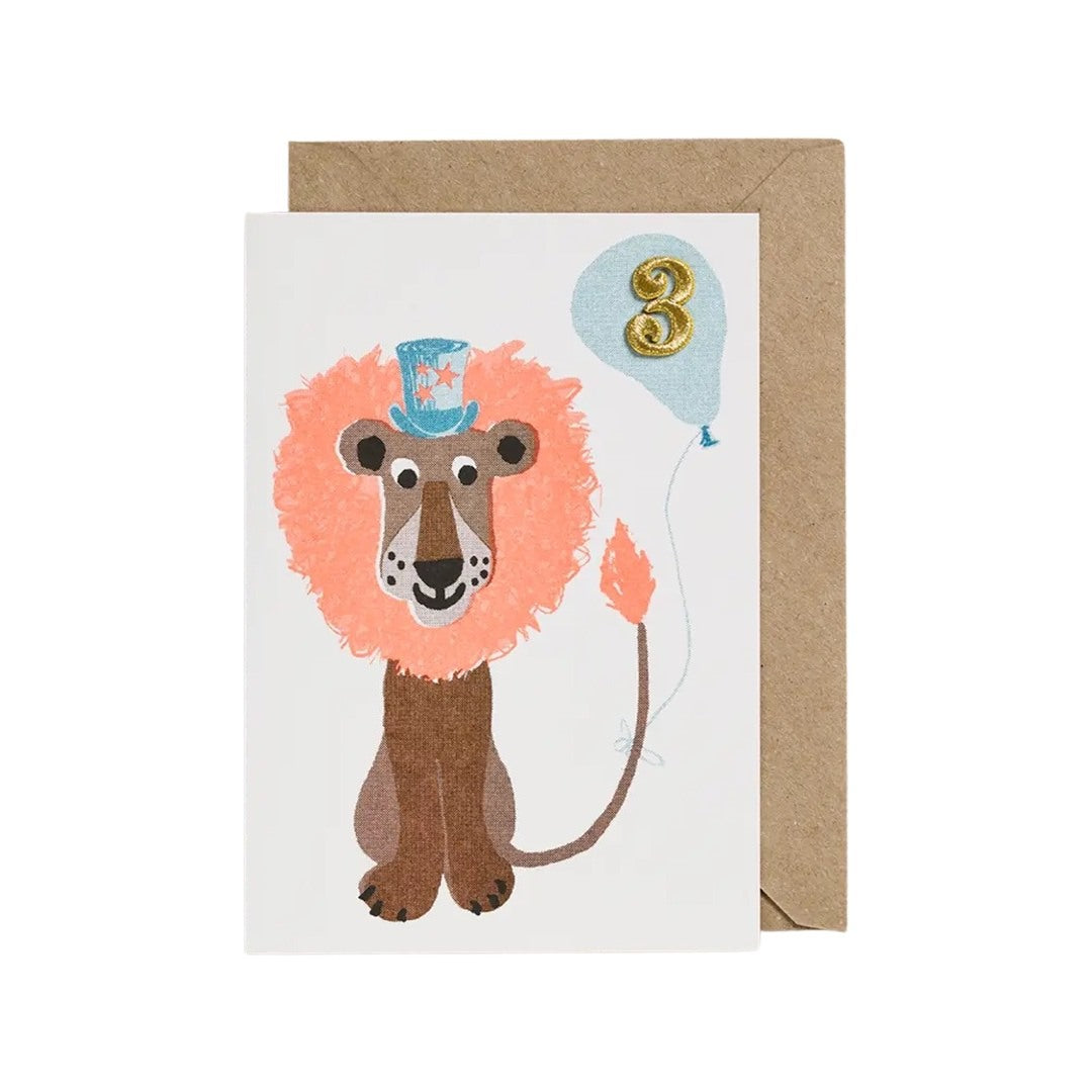 3rd birthday card featuring a lion with an orange mane in a top hat and '3' in a blue balloon. 