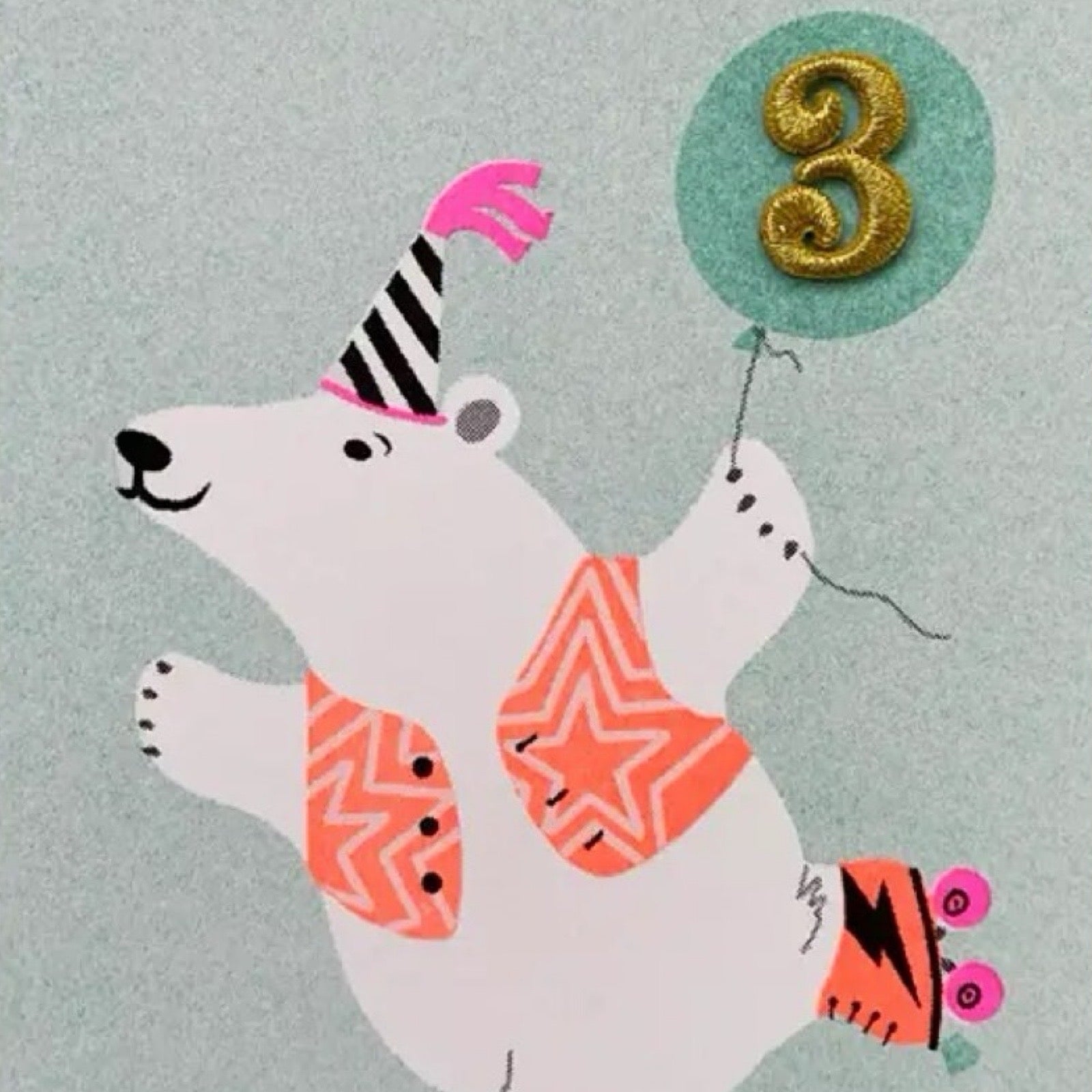 3rd birthday card featuring a roller skating polar bear in an orange waistcoat and a stripy party hat with '3' in a green balloon.