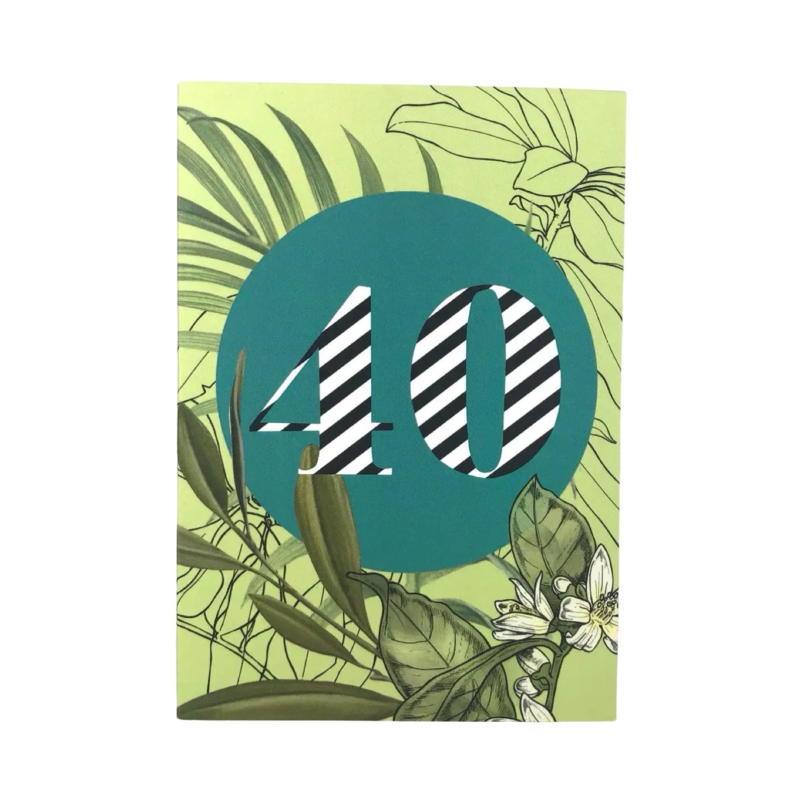 40th birthday card featuring a botanical illustration with a deep turquoise circle in the centre with '40' in black and white stripes. 