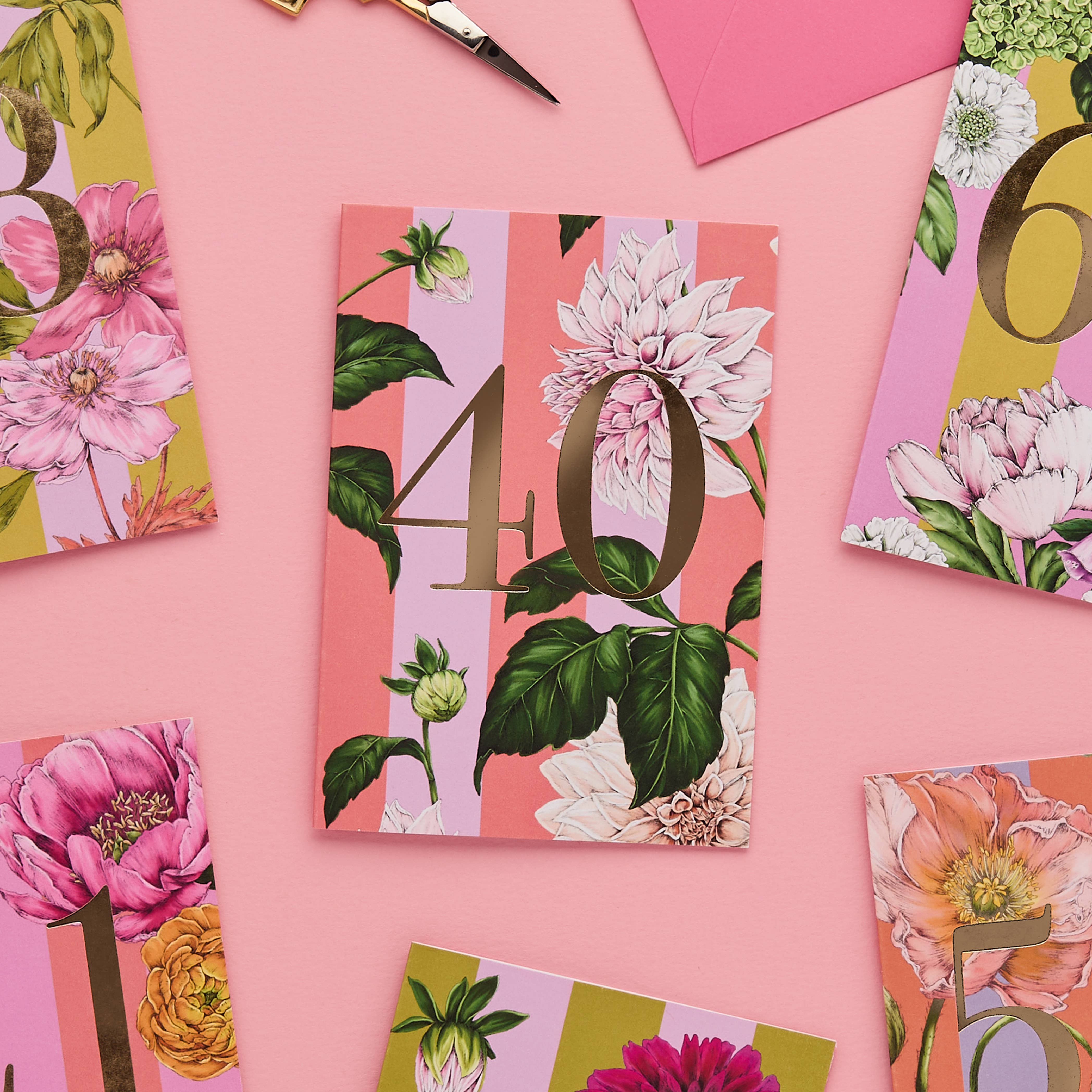 Floral-themed cards with the number 40 on a pink background.
