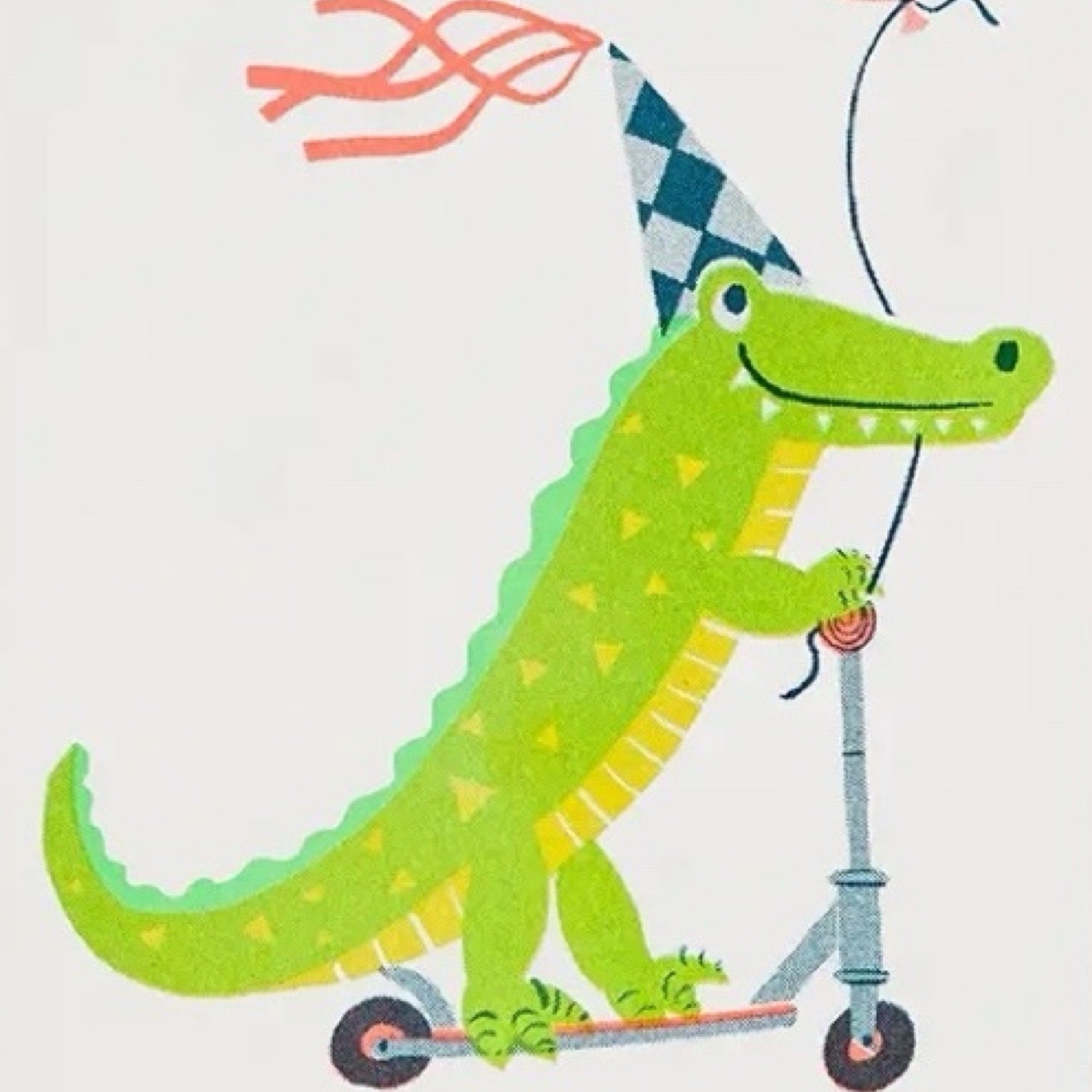 4th birthday card featuring a crocodile wearing a party hat on a scooter and '4' in a pink balloon.
