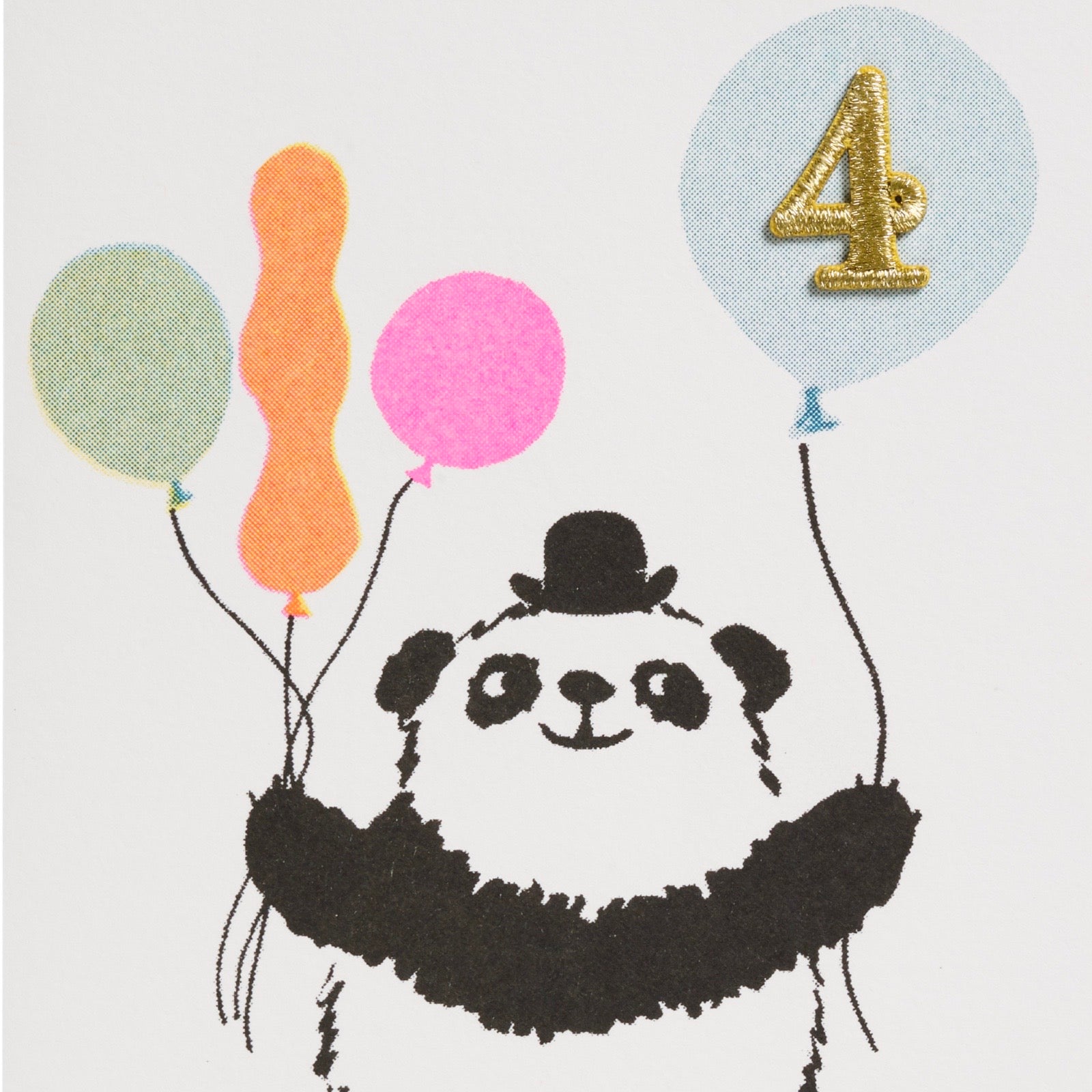 4th birthday card featuring a panda in a top hat with a bunch of balloons in one hand and '4' in a blue balloon in the other.