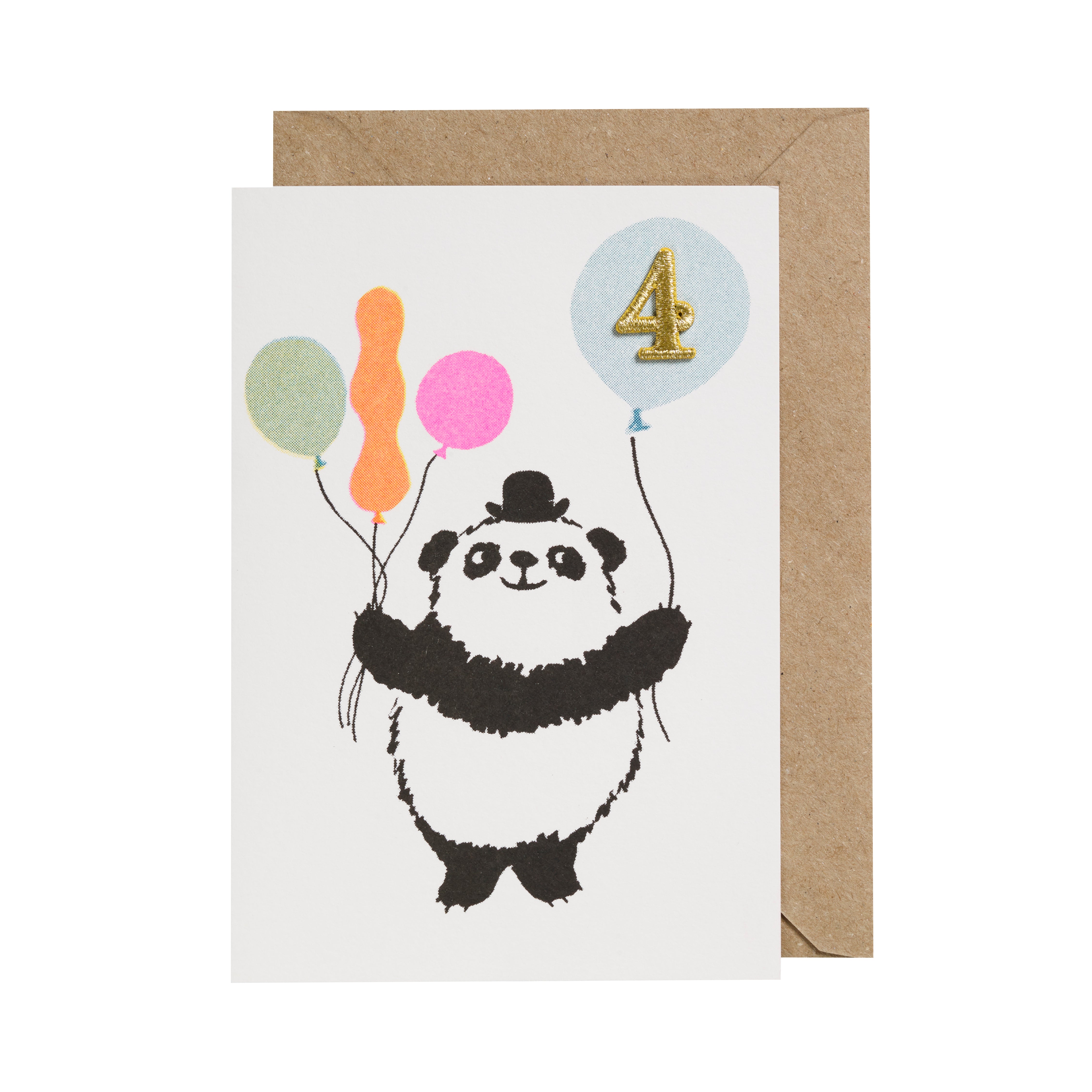 4th birthday card featuring a panda in a top hat with a bunch of balloons in one hand and '4' in a blue balloon in the other.