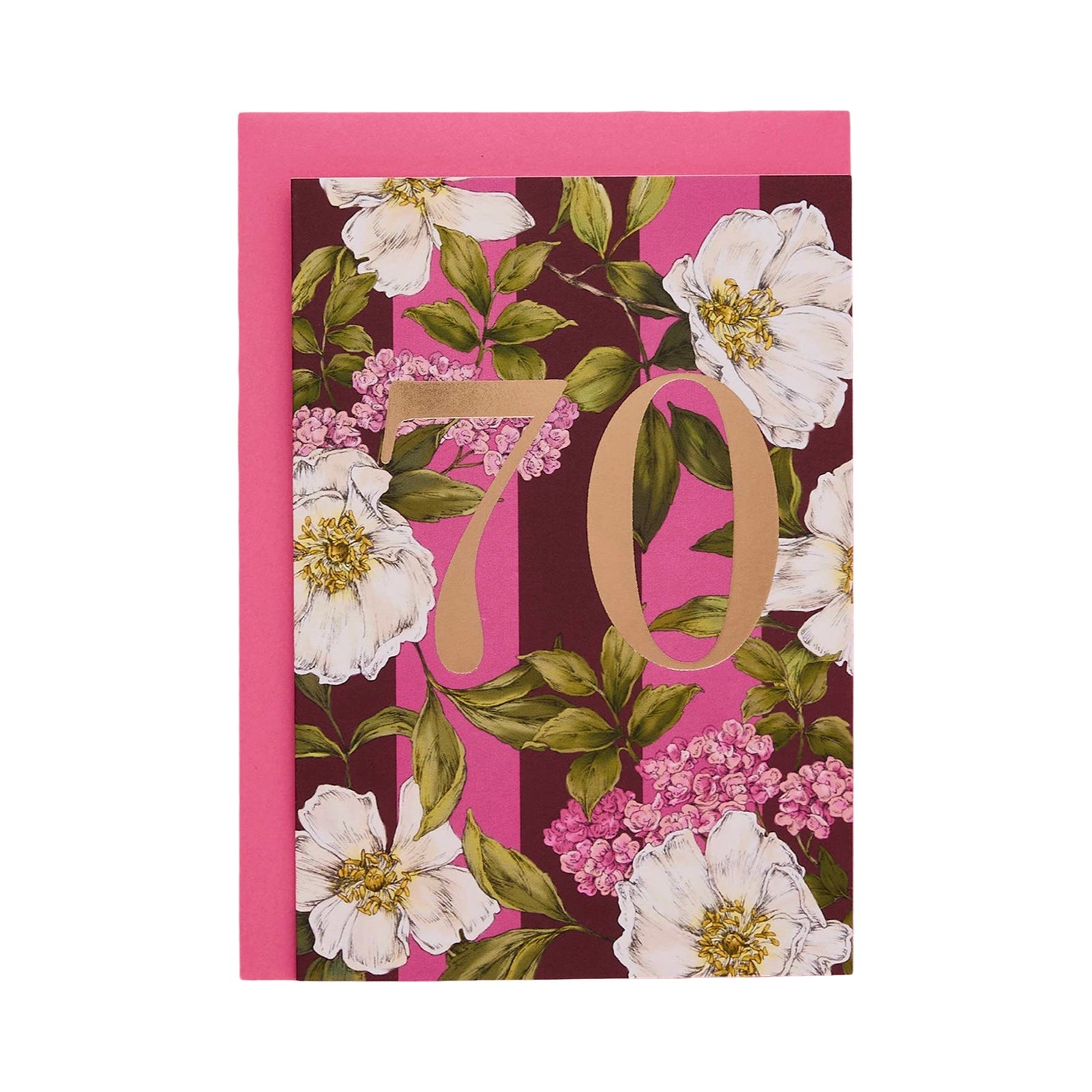 A floral greeting card against a white background. The design features a dark burgundy and bright pink striped base with green leaves, white flowers, pink blossoms, and a large metallic gold '70' across the centre.