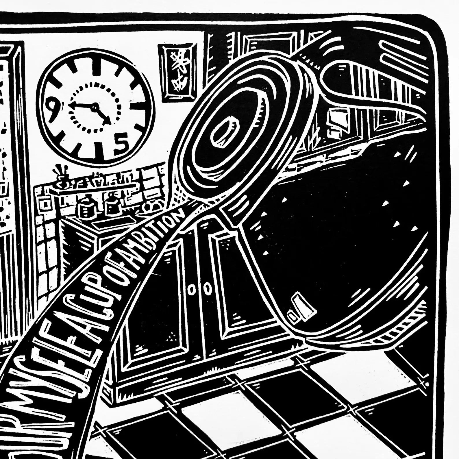 Black and white illustration of a coffee pot in a kitchen.
