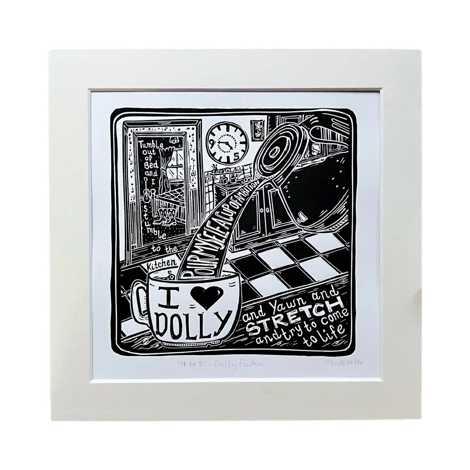 Framed black and white illustration with text and objects on a checkered floor.