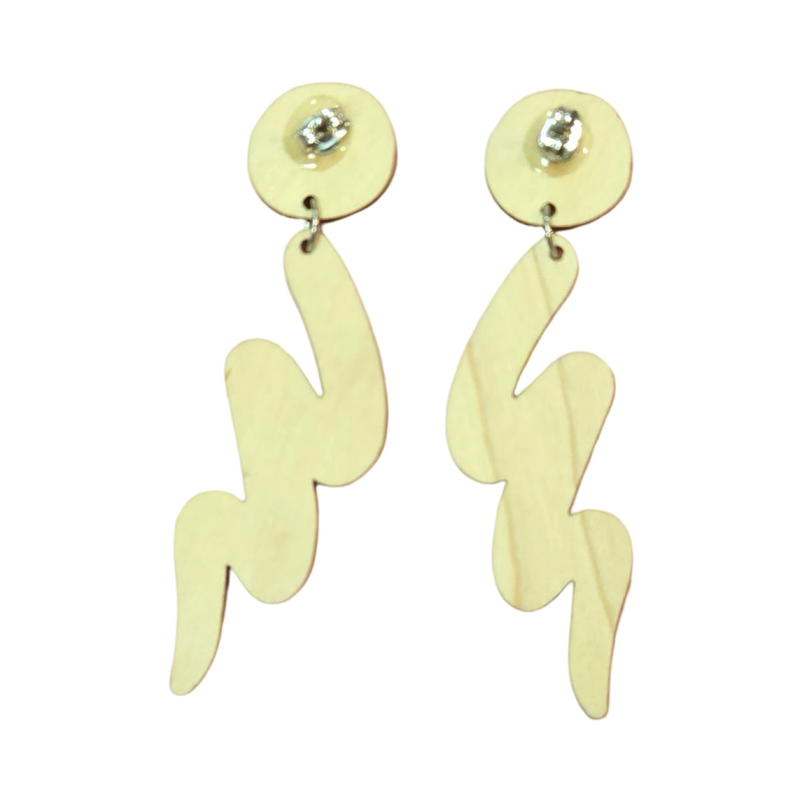 The back of a pair of squiggle earrings showing silver stud backs