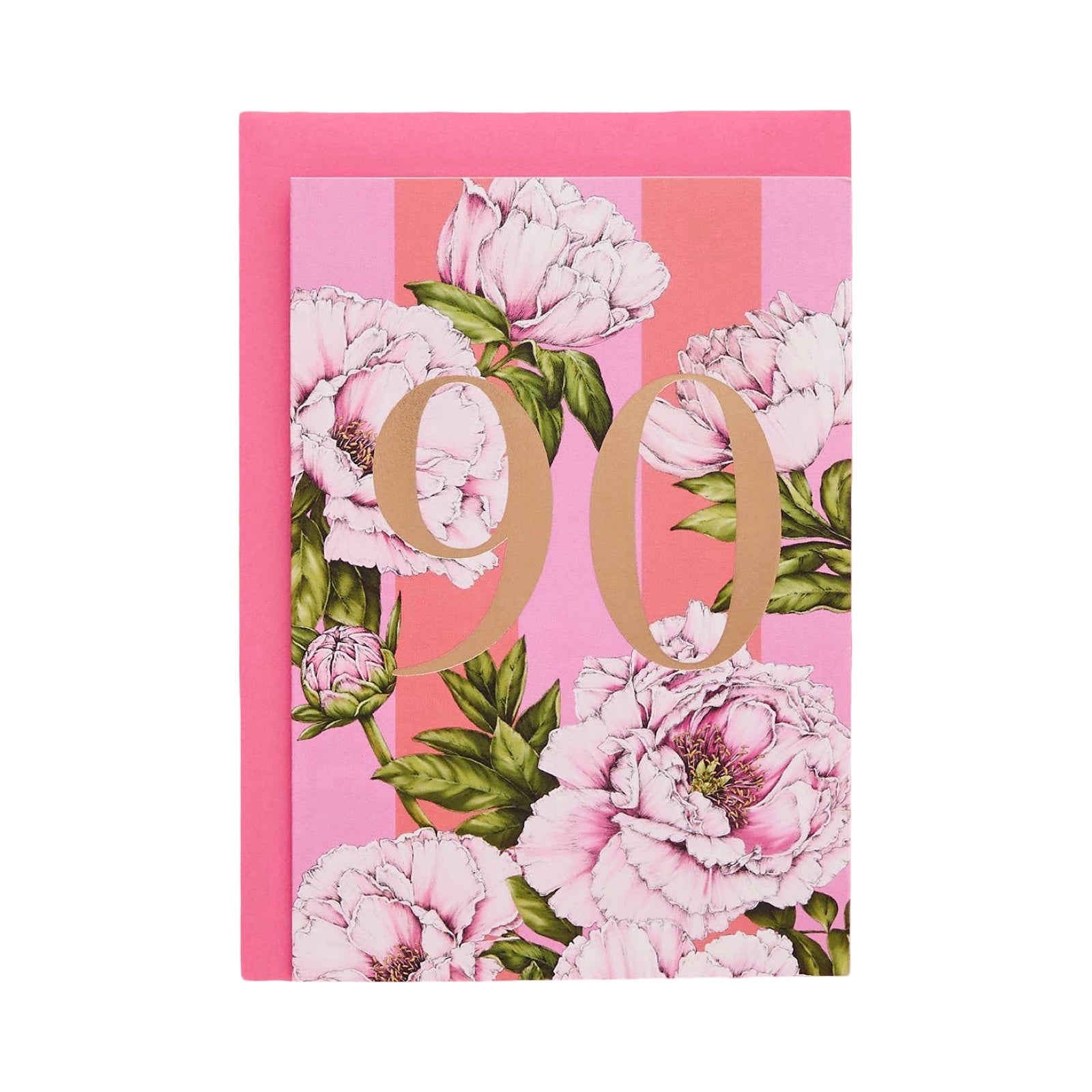 A pink 90th birthday card featuring a floral peony pattern with large gold '90' numerals, set against a plain white background.