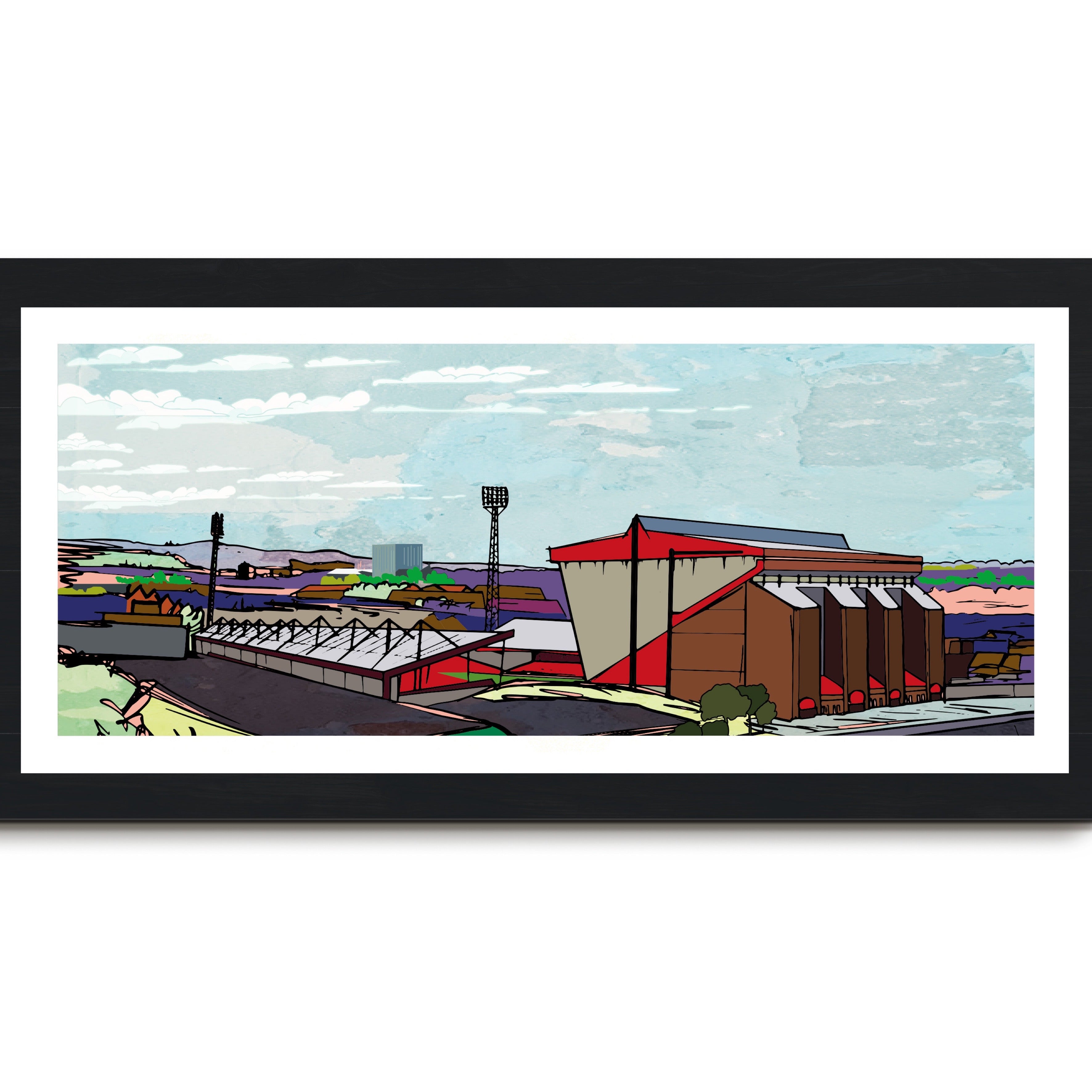 This is a panoramic print in a 20x10inch Mount illustrating Aberdeen FC Pittodrie Stadium Print, Scotland.