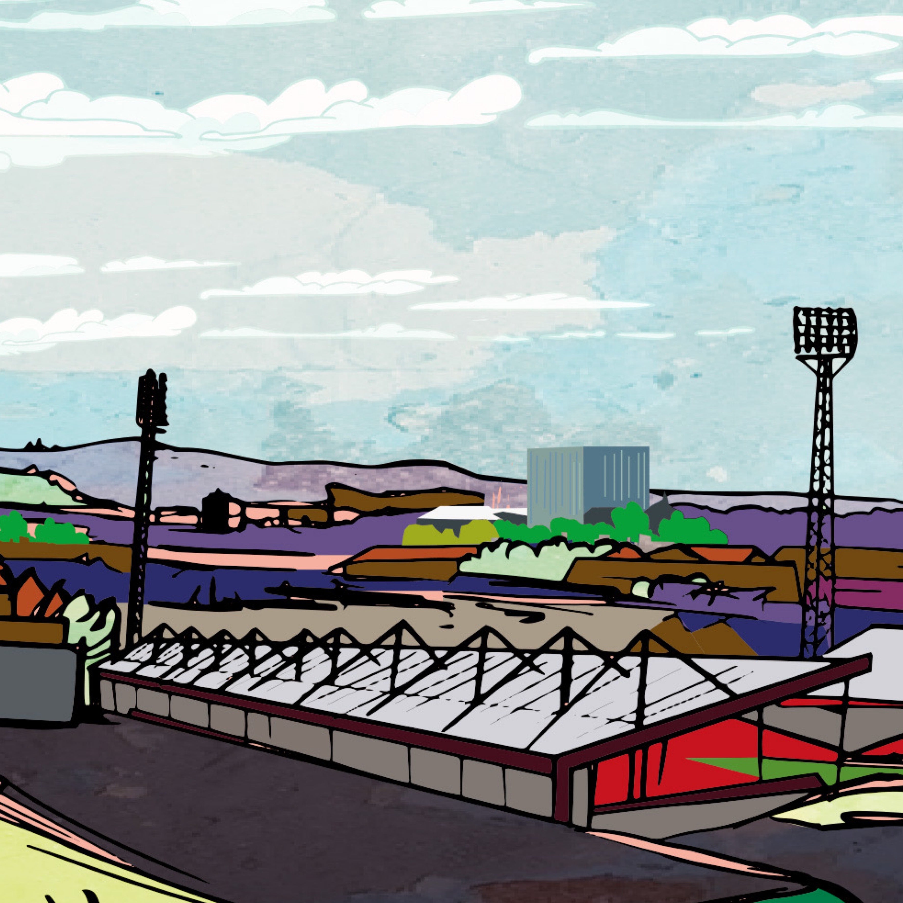 This is a panoramic print in a 20x10inch Mount illustrating Aberdeen FC Pittodrie Stadium Print, Scotland.