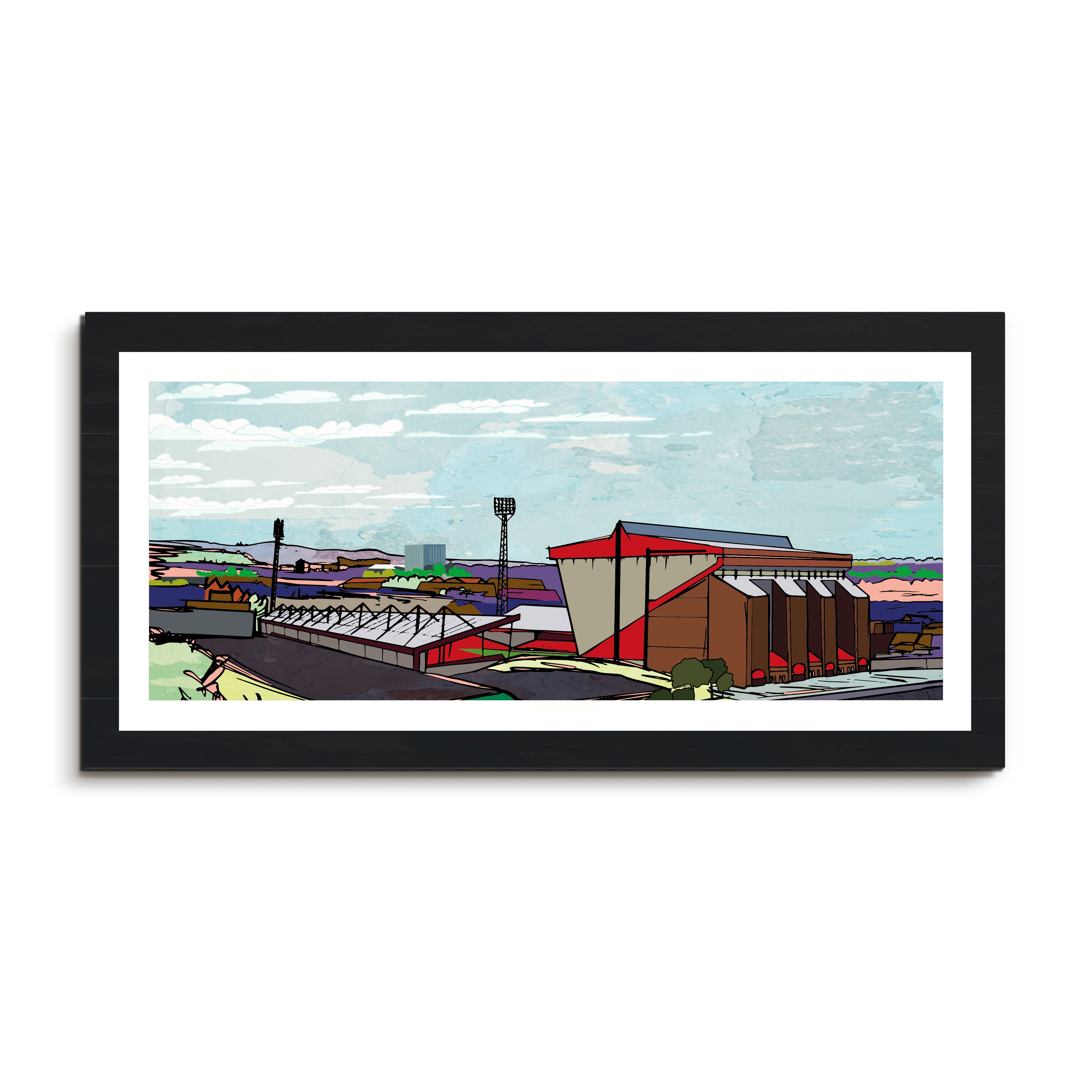 This is a panoramic print in a 20x10inch Mount illustrating Aberdeen FC Pittodrie Stadium Print, Scotland.