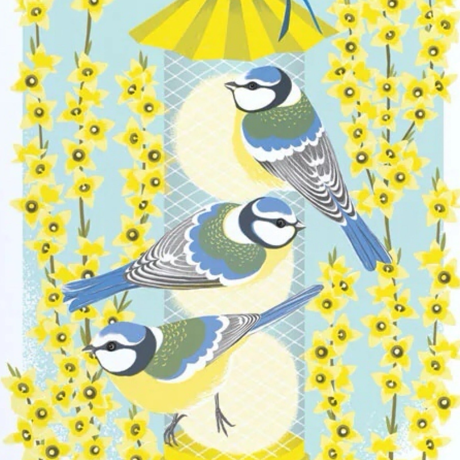 An image of a card with three Blue Tits on a bird feeder. 
