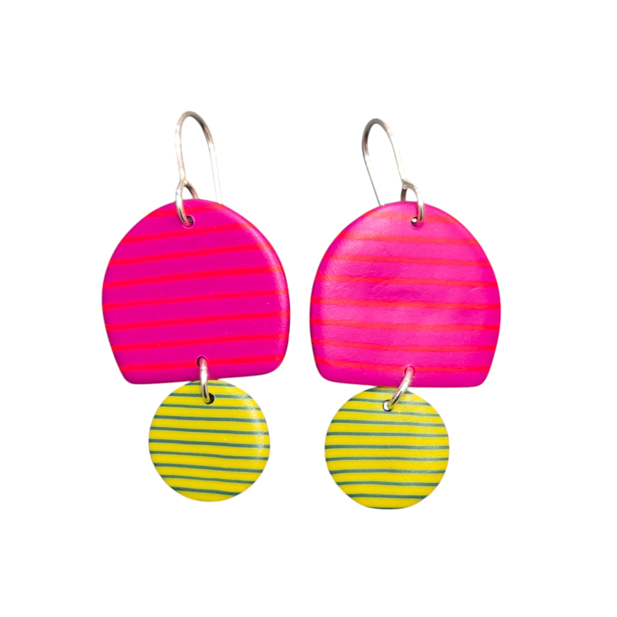 An image of a pair of earrings in pink and yellow with stripes. 