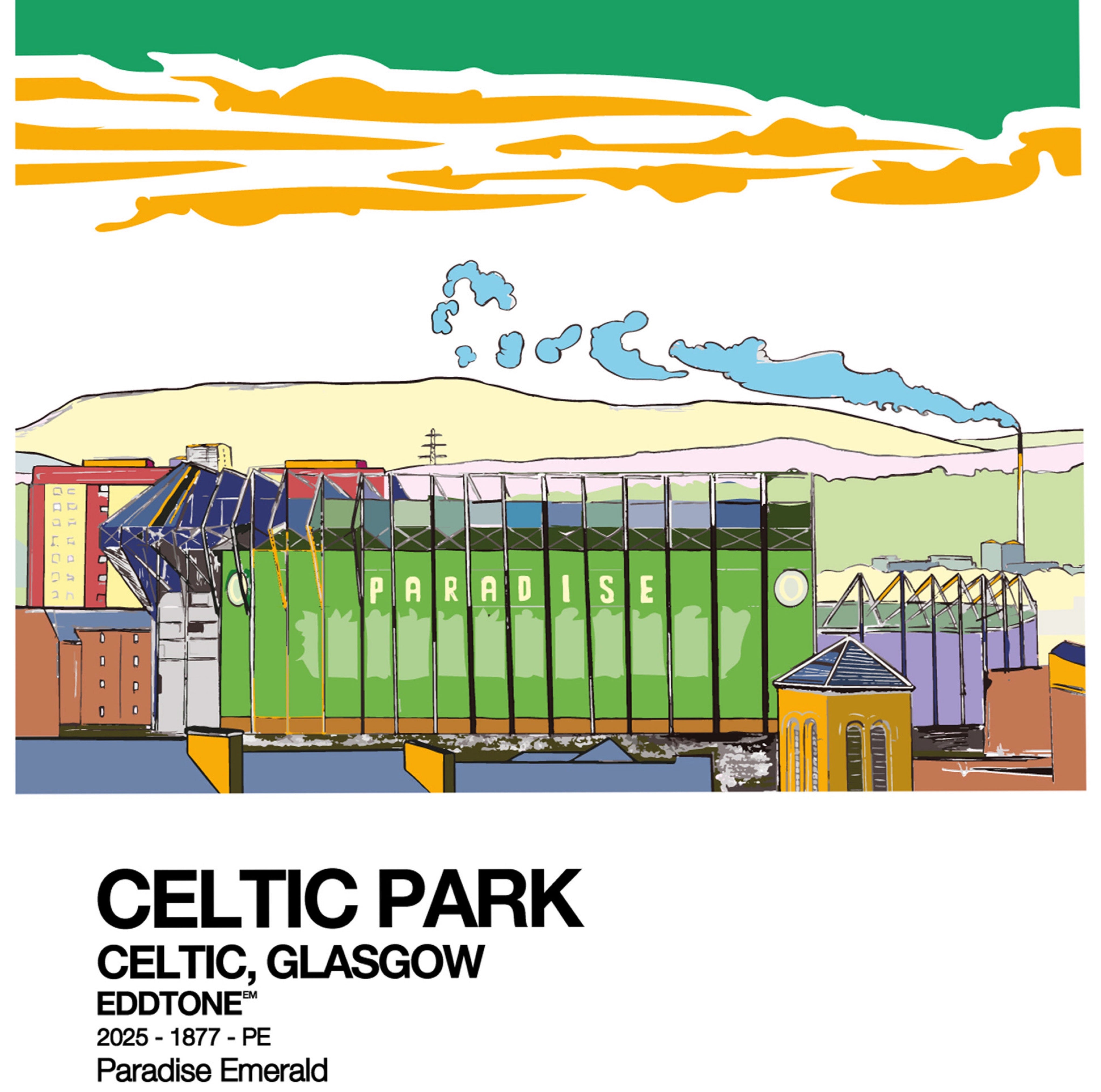 A6 card featuring an illustration of Celtic Park Stadium, home of Celtic Football Club in Glasgow.