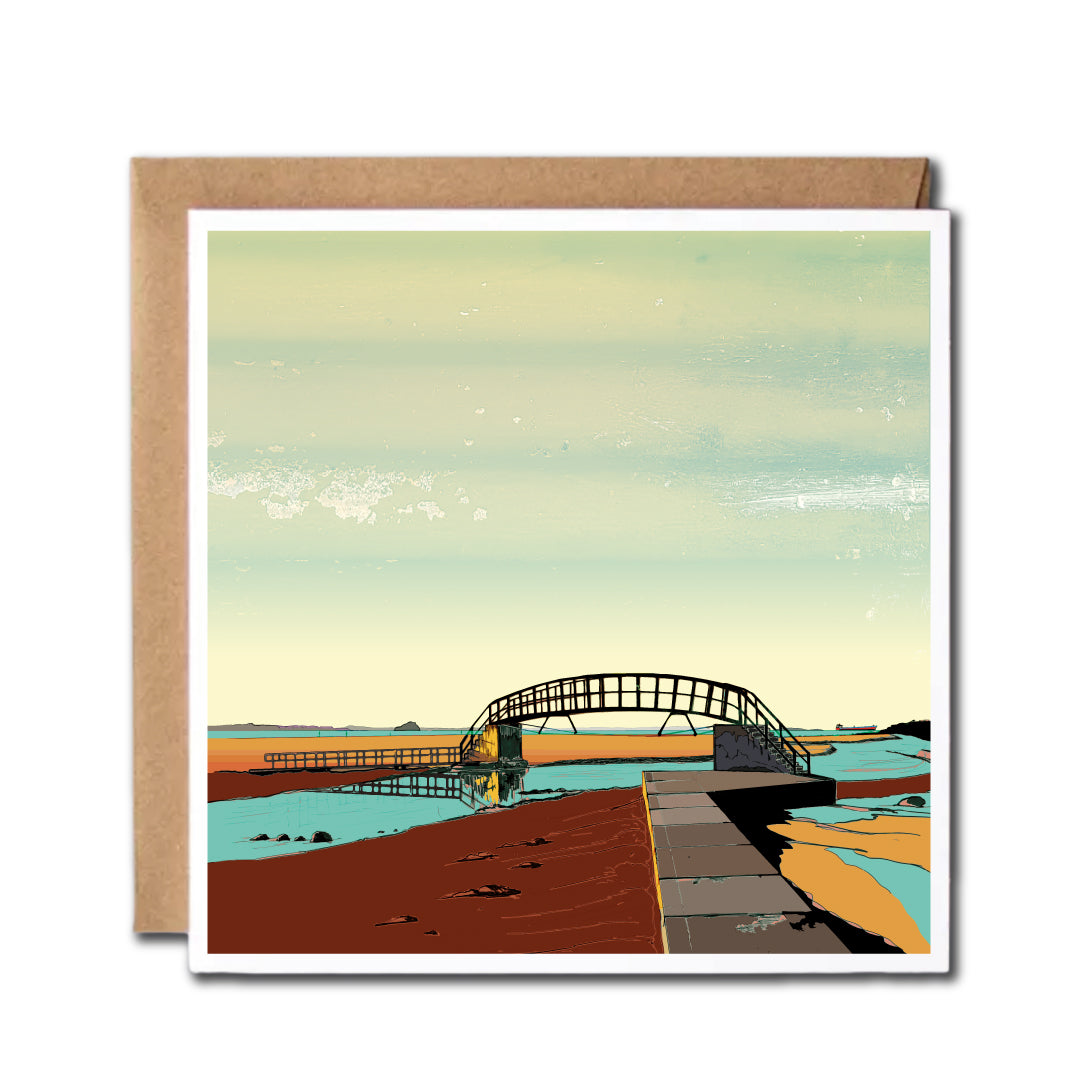 Square card featuring an illustration of Belhaven Bay and the bridge to nowwhere in Dunbar, Scotland