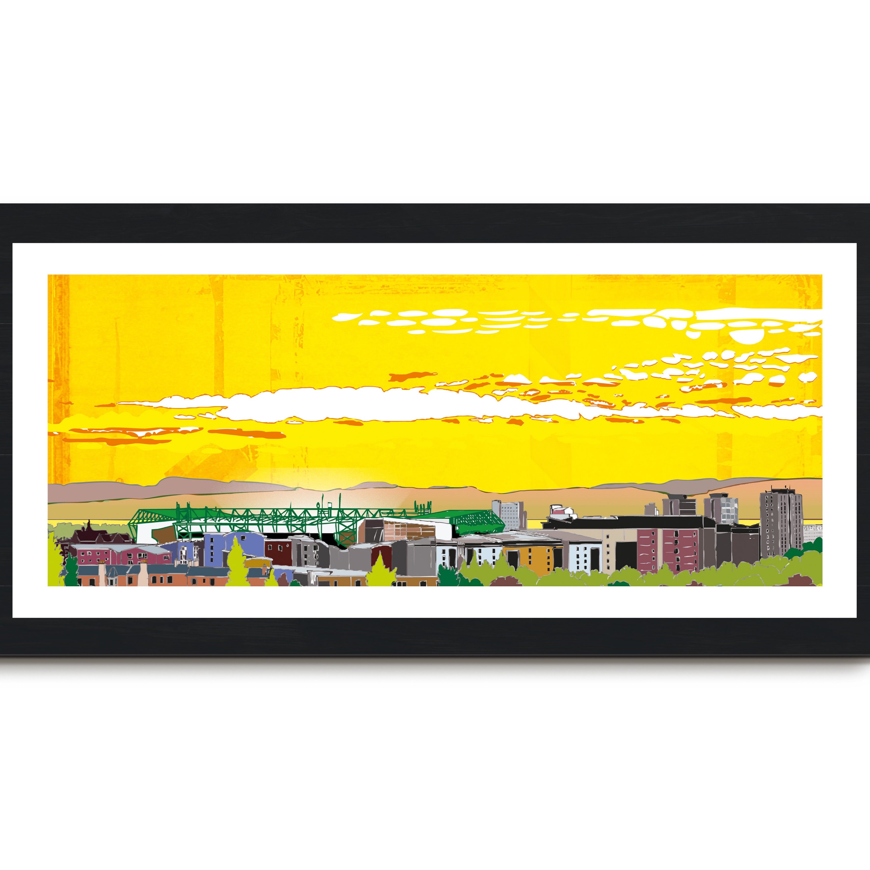 This is a panoramic print in a 20x10inch Mount illustrating Leith with the Easter Road Stadium in Edinburgh.