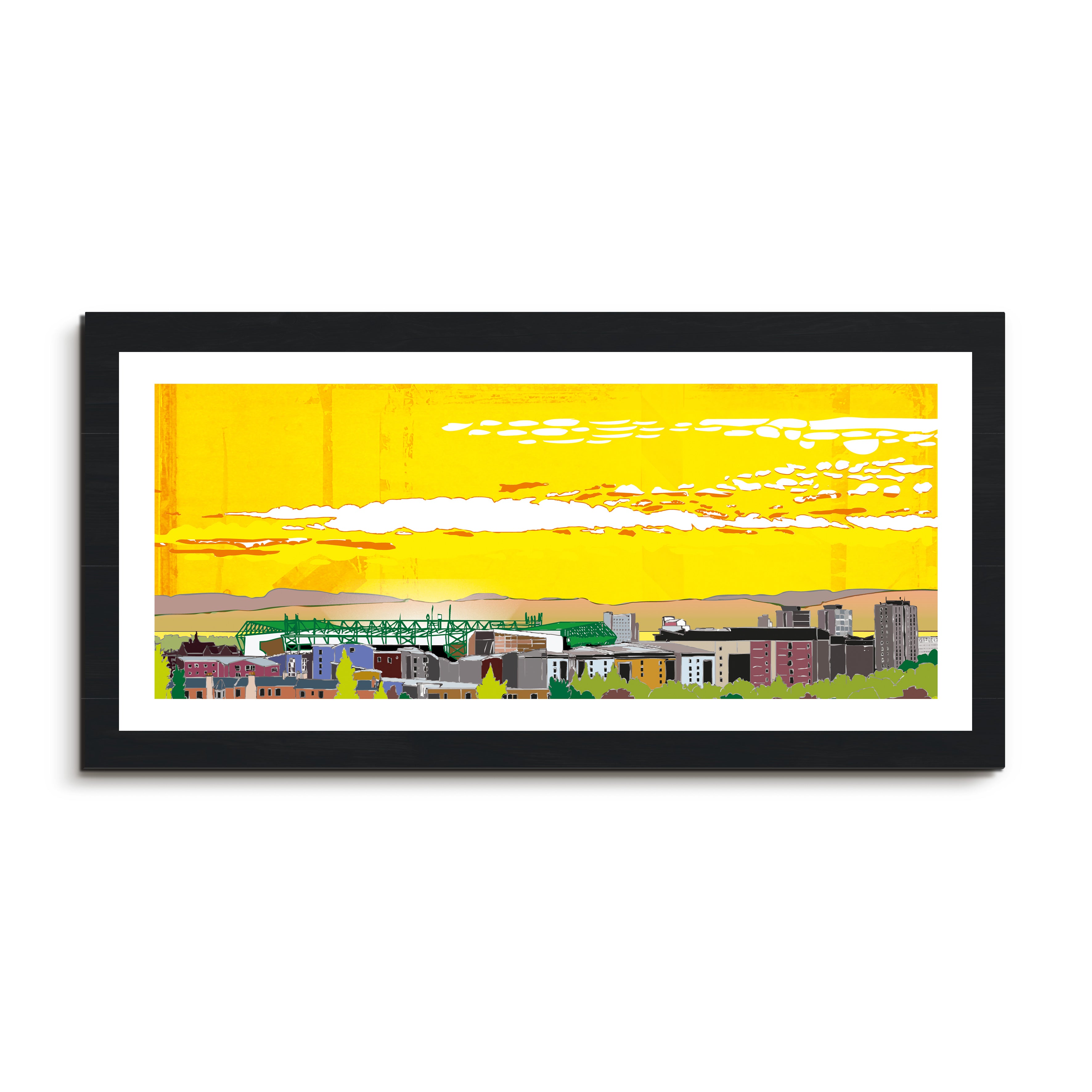 This is a panoramic print in a 20x10inch Mount illustrating Leith with the Easter Road Stadium in Edinburgh.