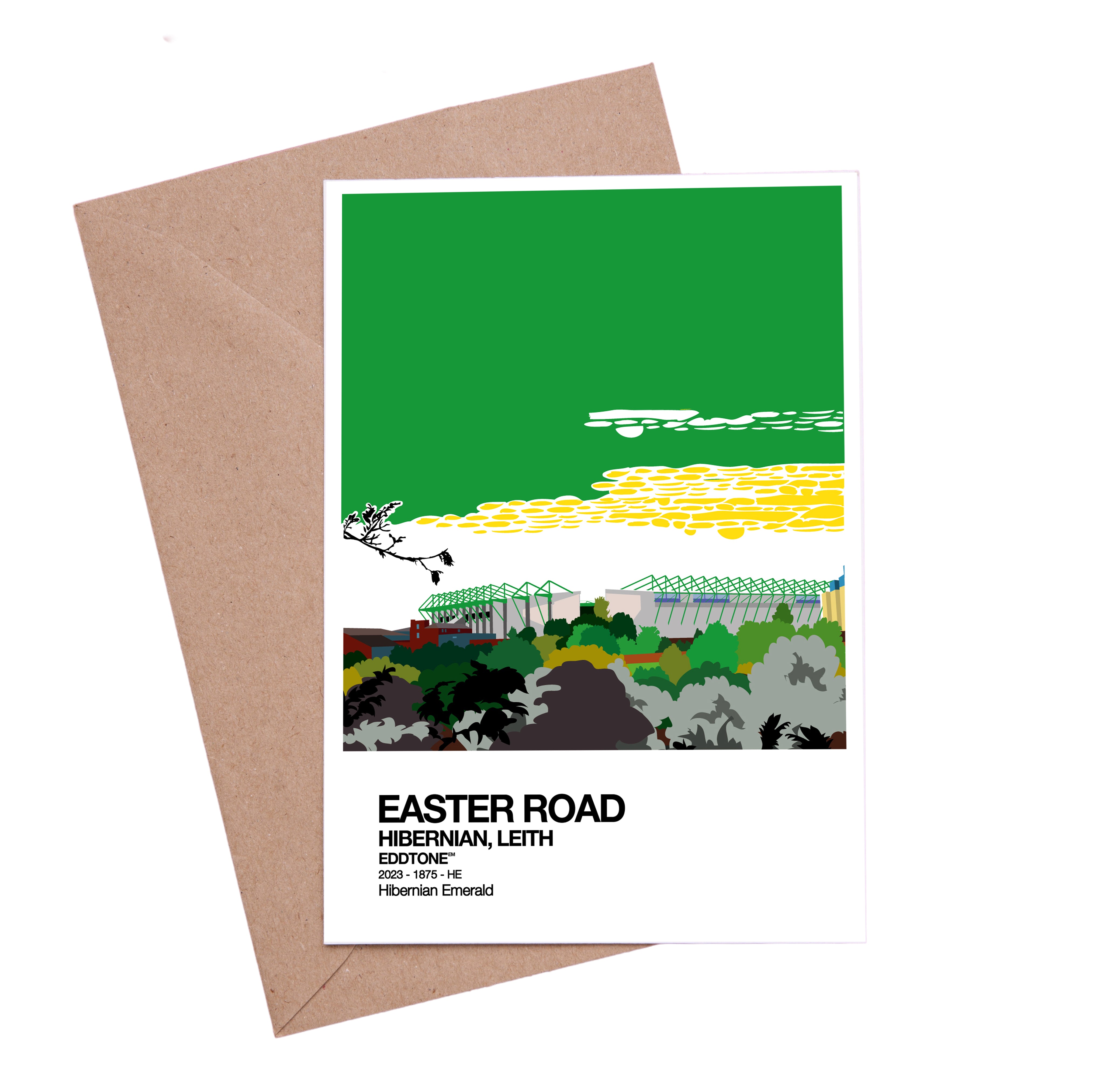 A6 card featuring an illustration of Easter Road Stadium, home of Hibernian Football Club in Edinburgh.