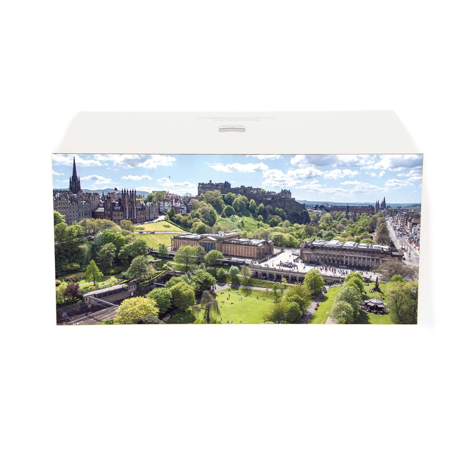 An image taken from the Scott Monument of Princes Street Gardens and Edinburgh Castle on a card. 