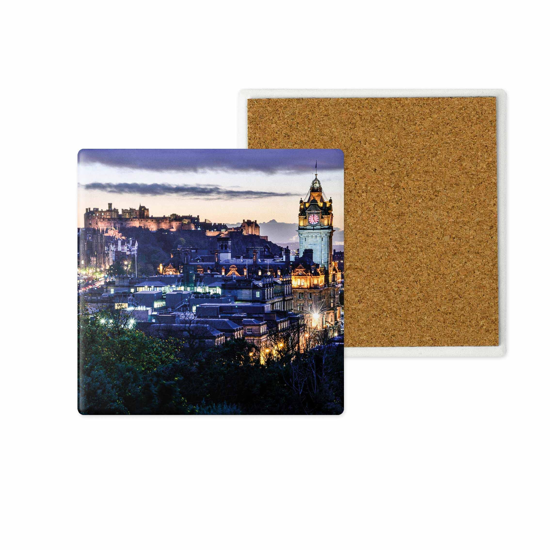 An image of Edinburgh Castle and the Balmoral Hotel on a ceramic coaster. 