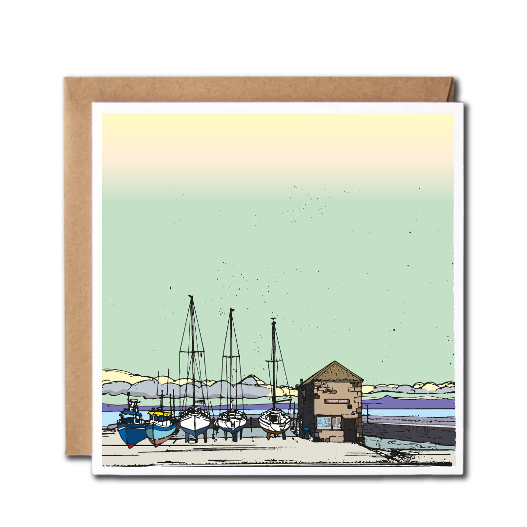 Square card featuring an illustration boats in small historic harbour in Musselburgh, Scotland