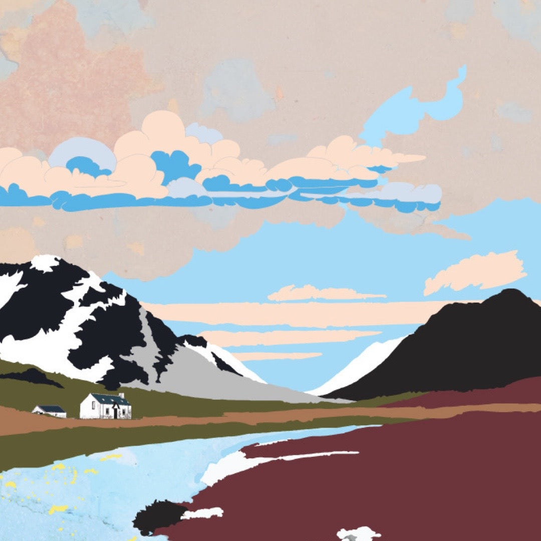 Square card featuring an illustration of cottage and mountains in Glen Coe, Scotland.