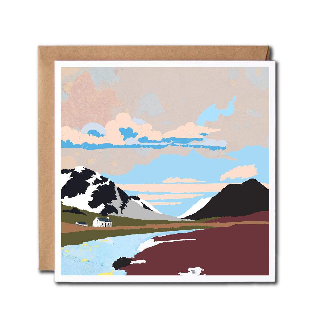 Square card featuring an illustration of cottage and mountains in Glen Coe, Scotland
