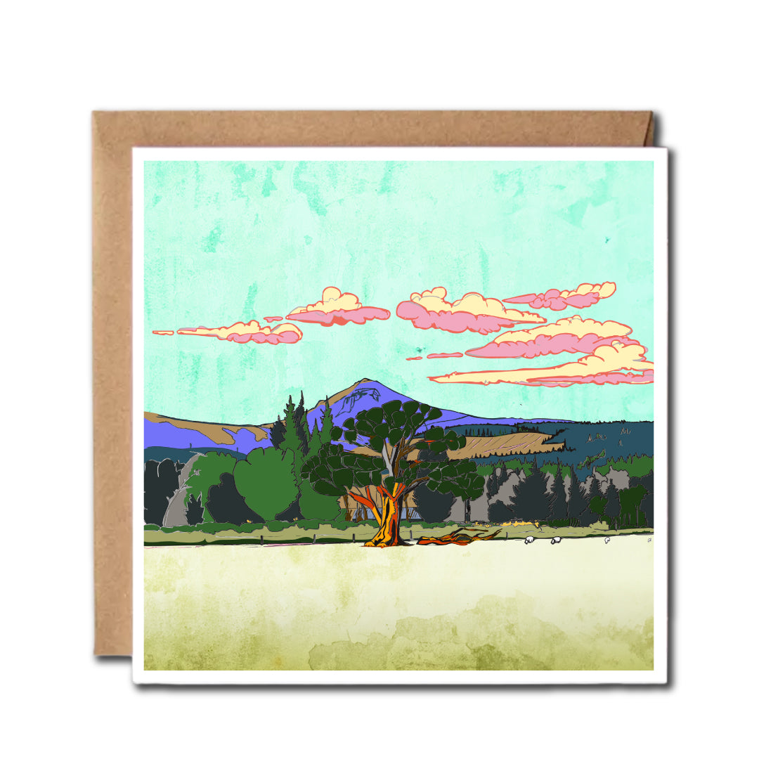Square card featuring an illustration of an oak tree with the Goatfell peak in Brodick, Isle of Arran, Scotland