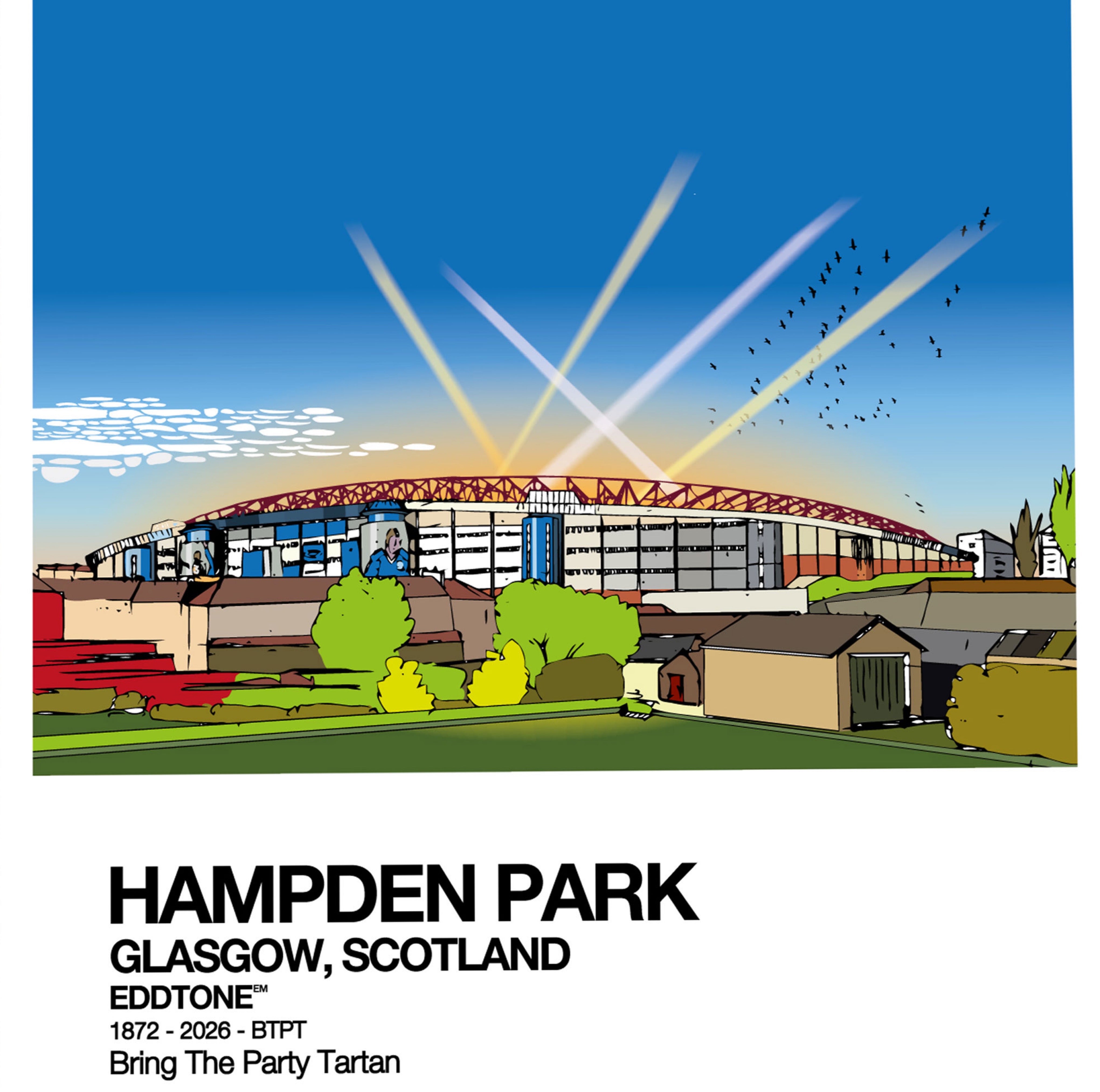 A6 card featuring an illustration of Hampden Park, home of the Scotland national football team, Glasgow.