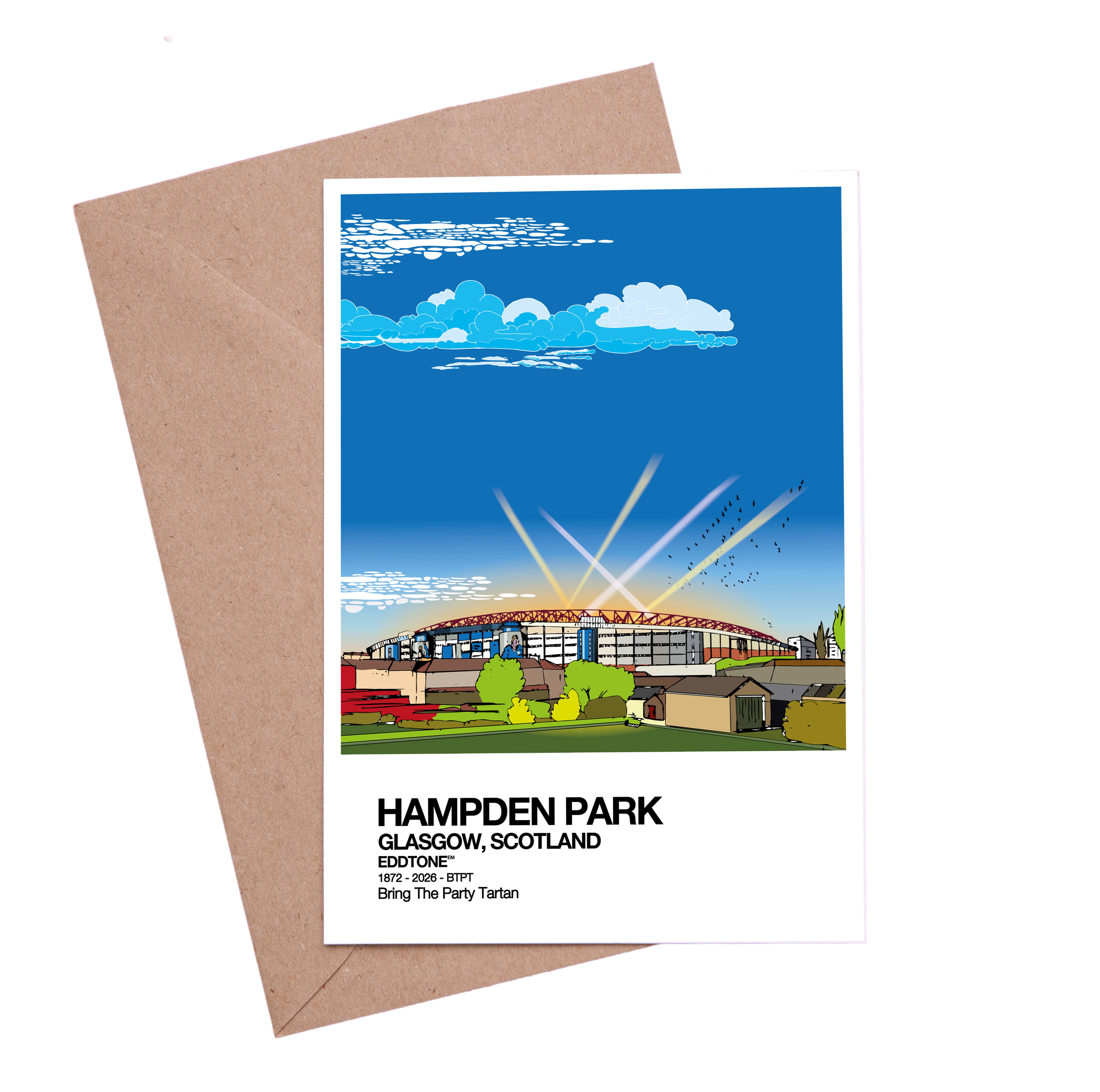 A6 card featuring an illustration of Hampden Park, home of the Scotland national football team, Glasgow.