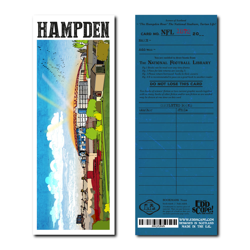 Bookmark featuring a panoramic landscape illustration of Hampden Park, Glasgow