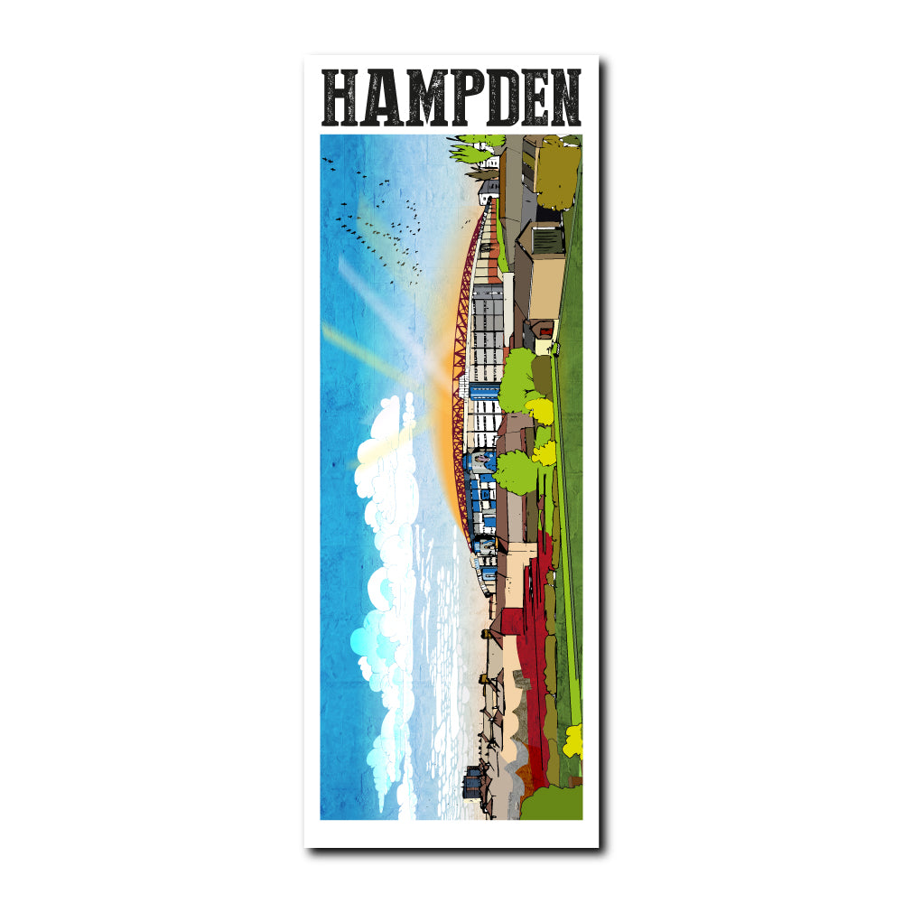 Bookmark featuring a panoramic landscape illustration of Hampden Park, Glasgow