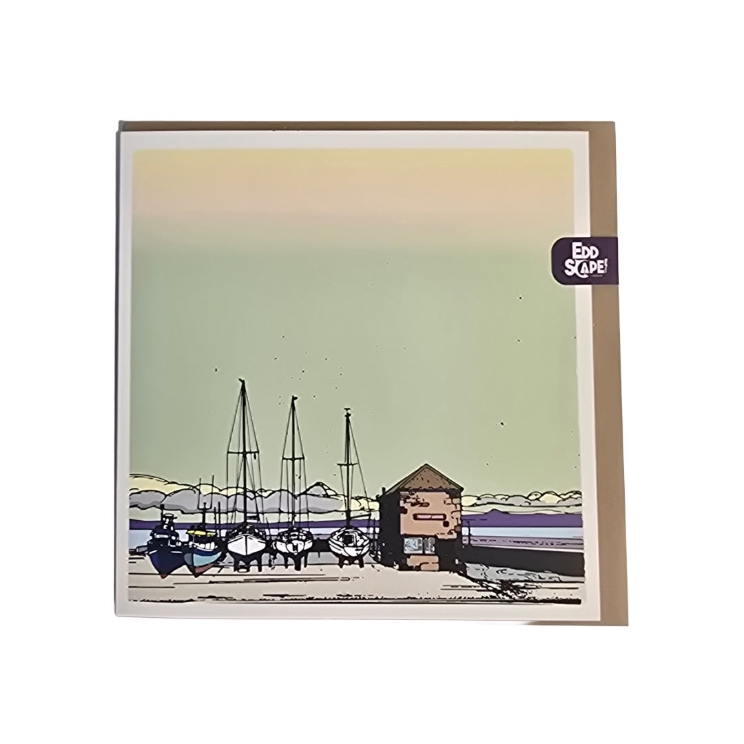 Square card featuring an illustration boats in small historic harbour in Musselburgh, Scotland