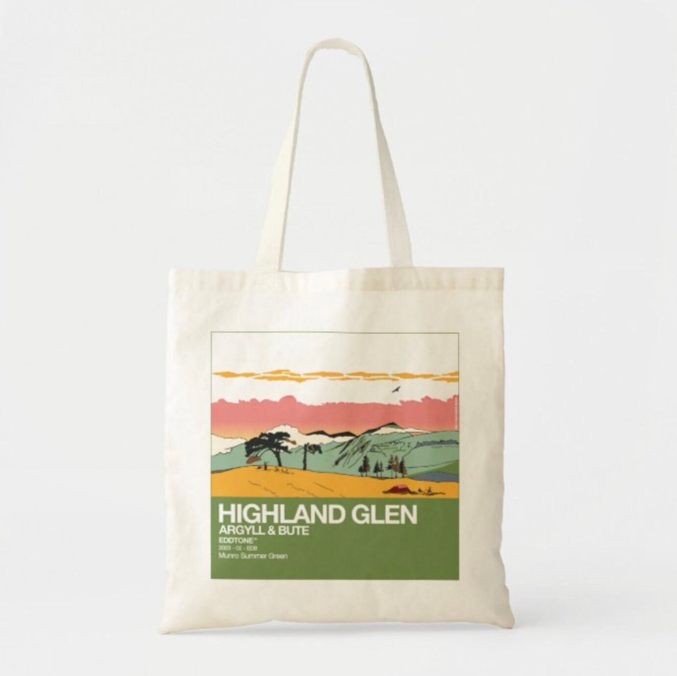 This tote bag features a square design of an illustration of Glen Shira in Argyle & Bute, Scotland.