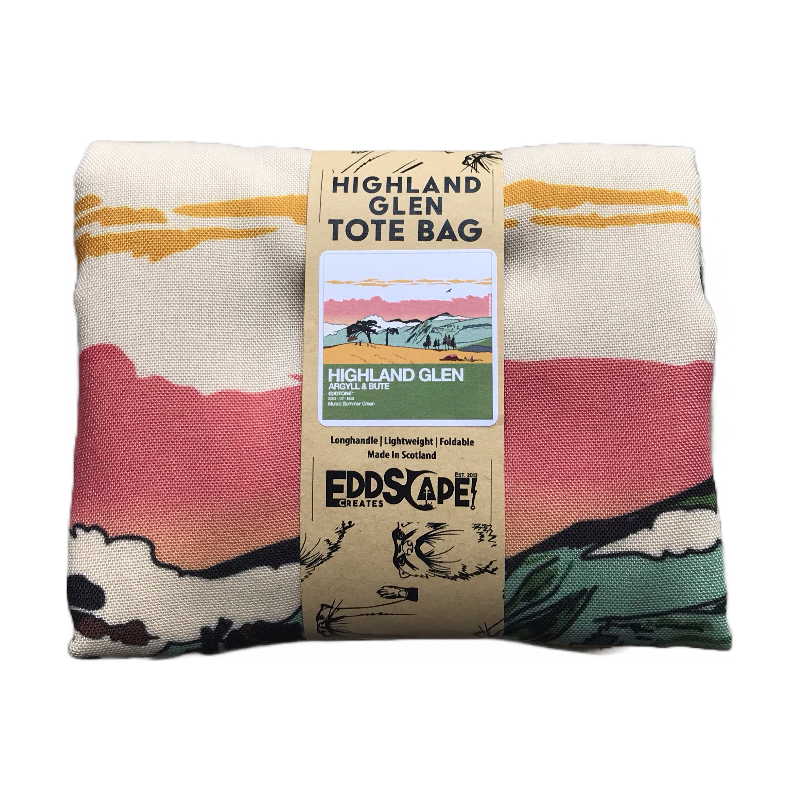 This tote bag features a square design of an illustration of Glen Shira in Argyle & Bute, Scotland.