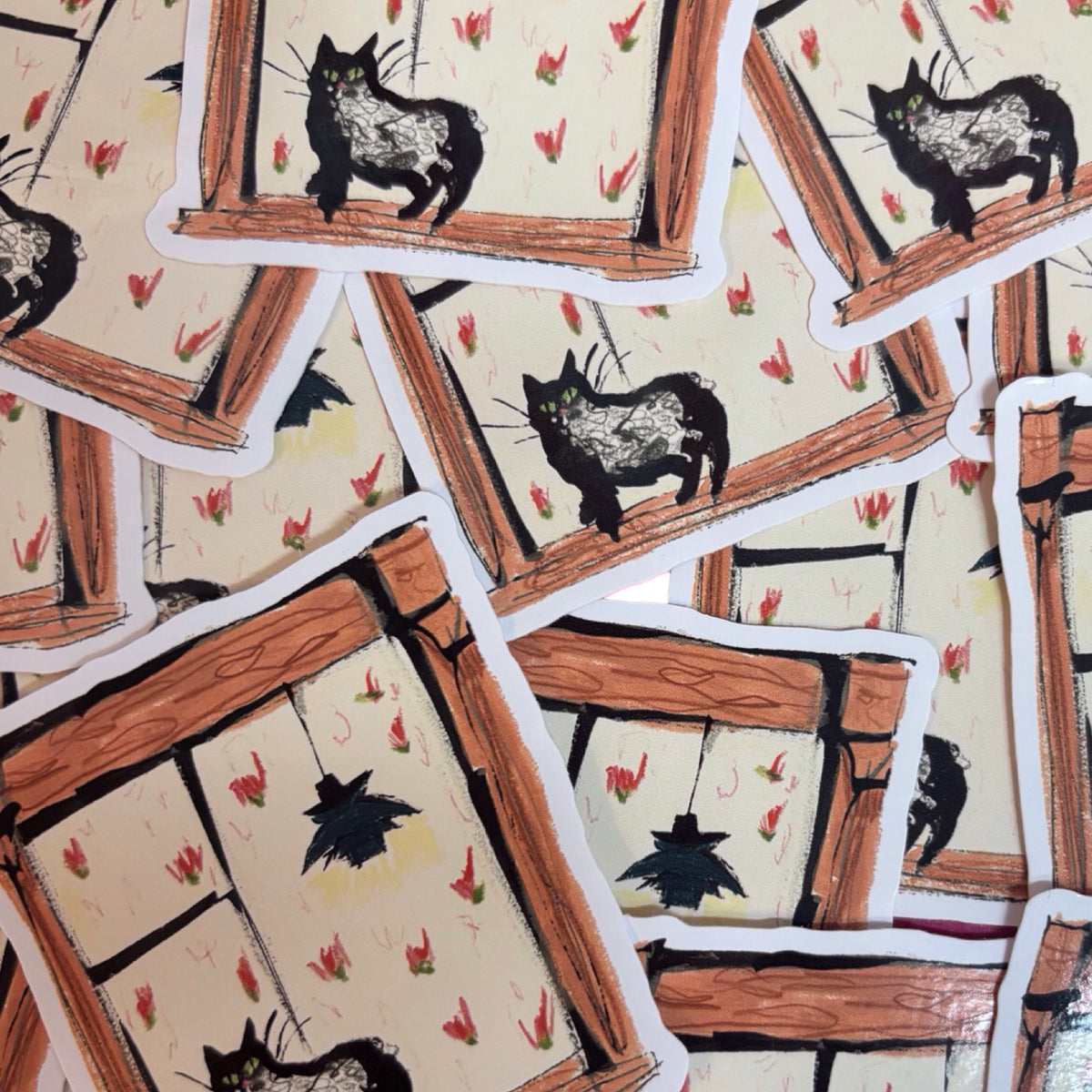 Black Cat On Windowsill Sticker