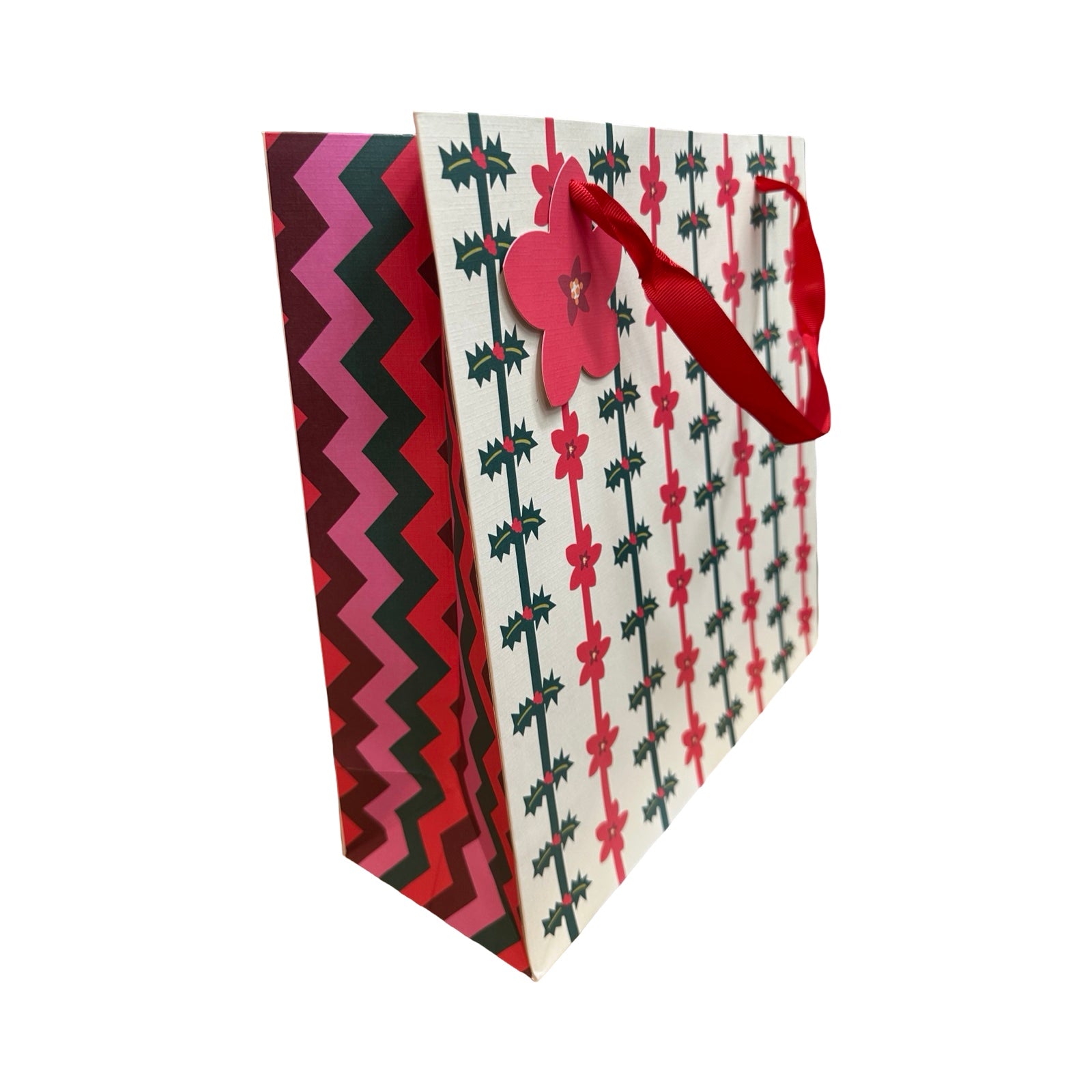 Holly and Poinsettia Christmas Gift Bag Large