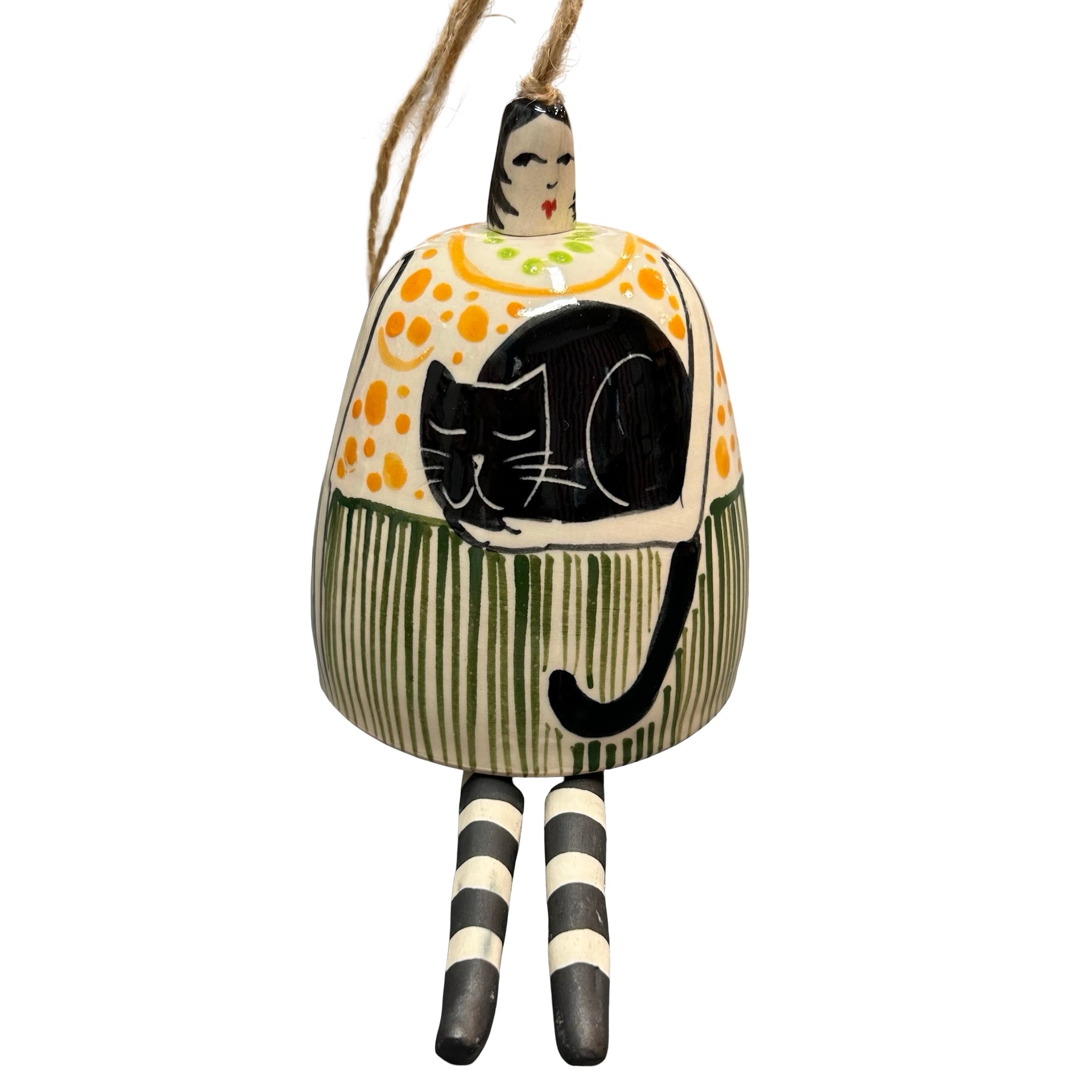 Cat Lady Orange and Green Ceramic Bell