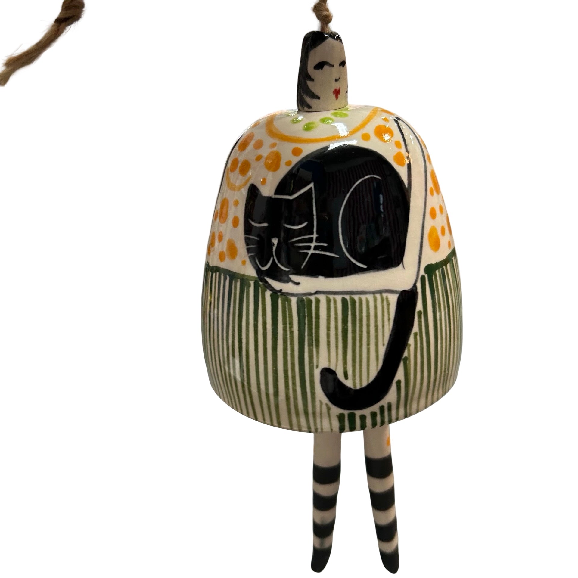 Cat Lady Orange and Green Ceramic Bell