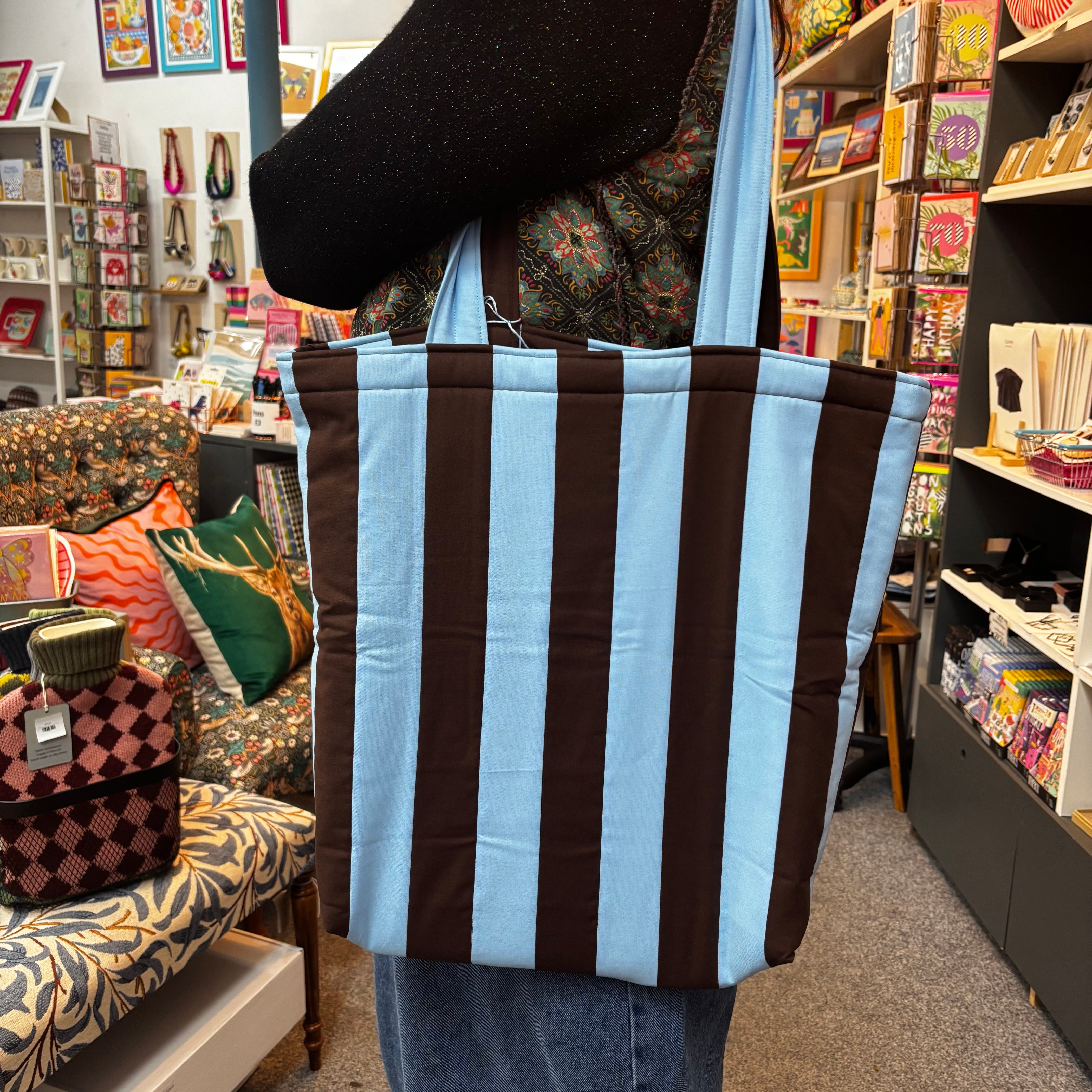 Blue and Brown Stripe Tote Bag