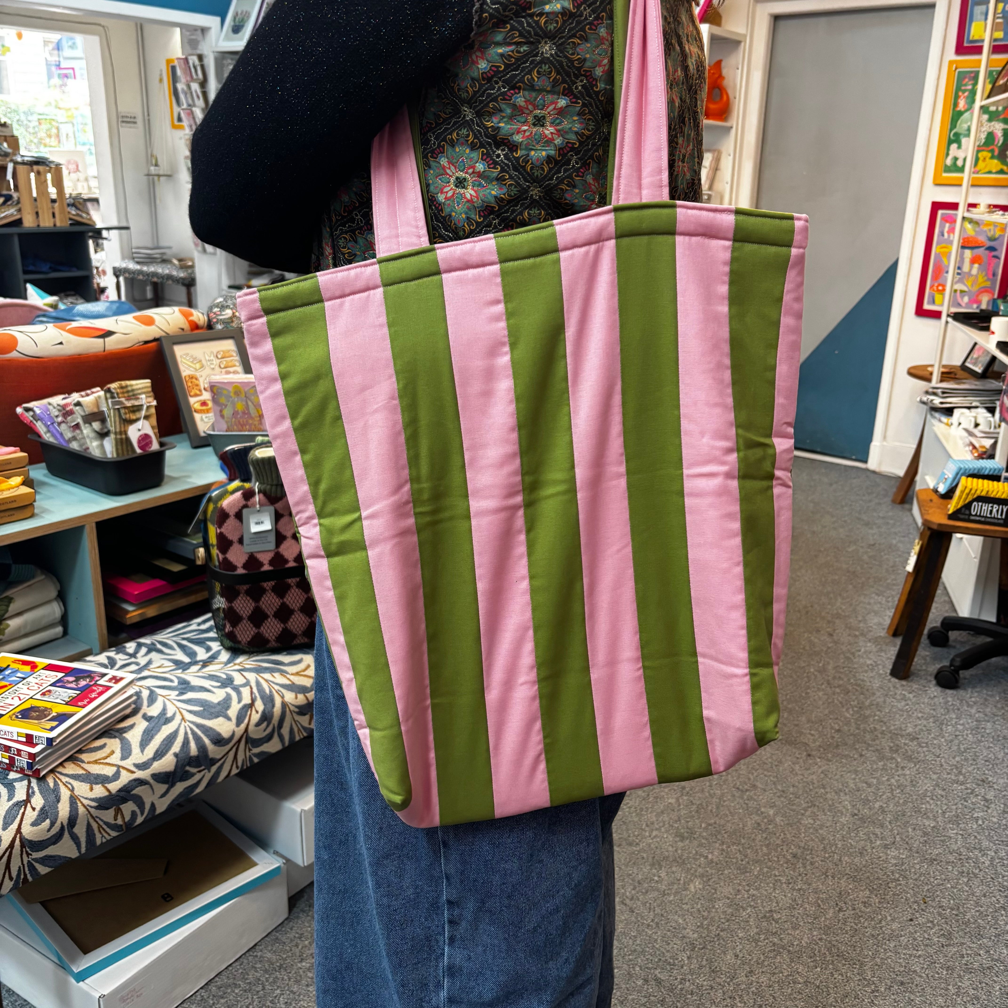 Pink and Green Stripe Tote Bag